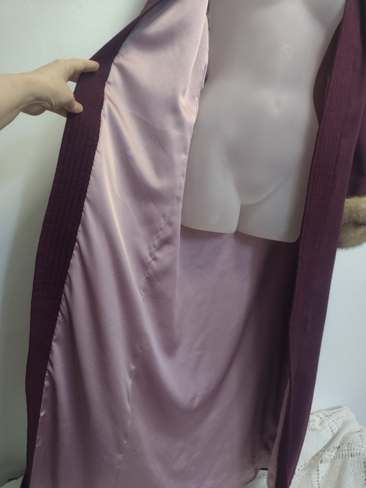 Vintage 60s Eggplant Wool Evening Coat & One‑Shoulder Gown Set w/ Mink Cuffs M