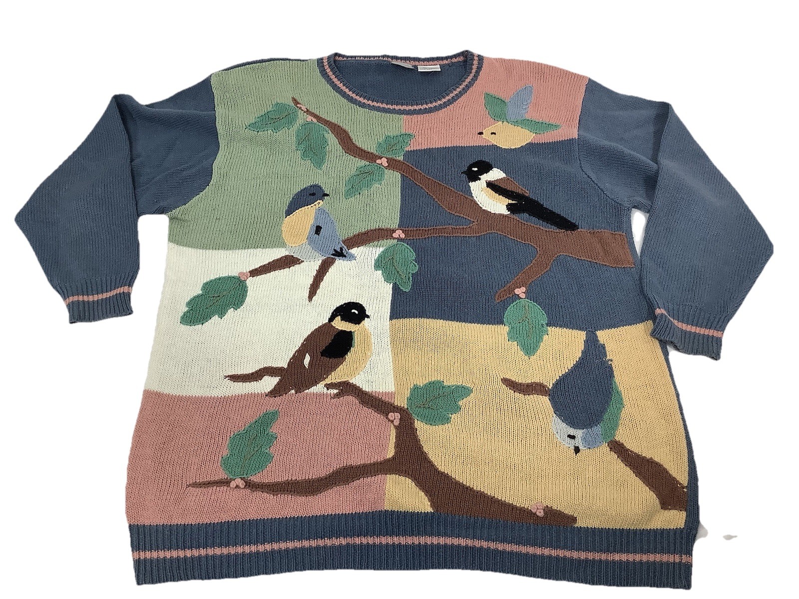 Vtg Birds Cottagecore Colorblock Pullover Knit Sweater XL Grannycore Decorative