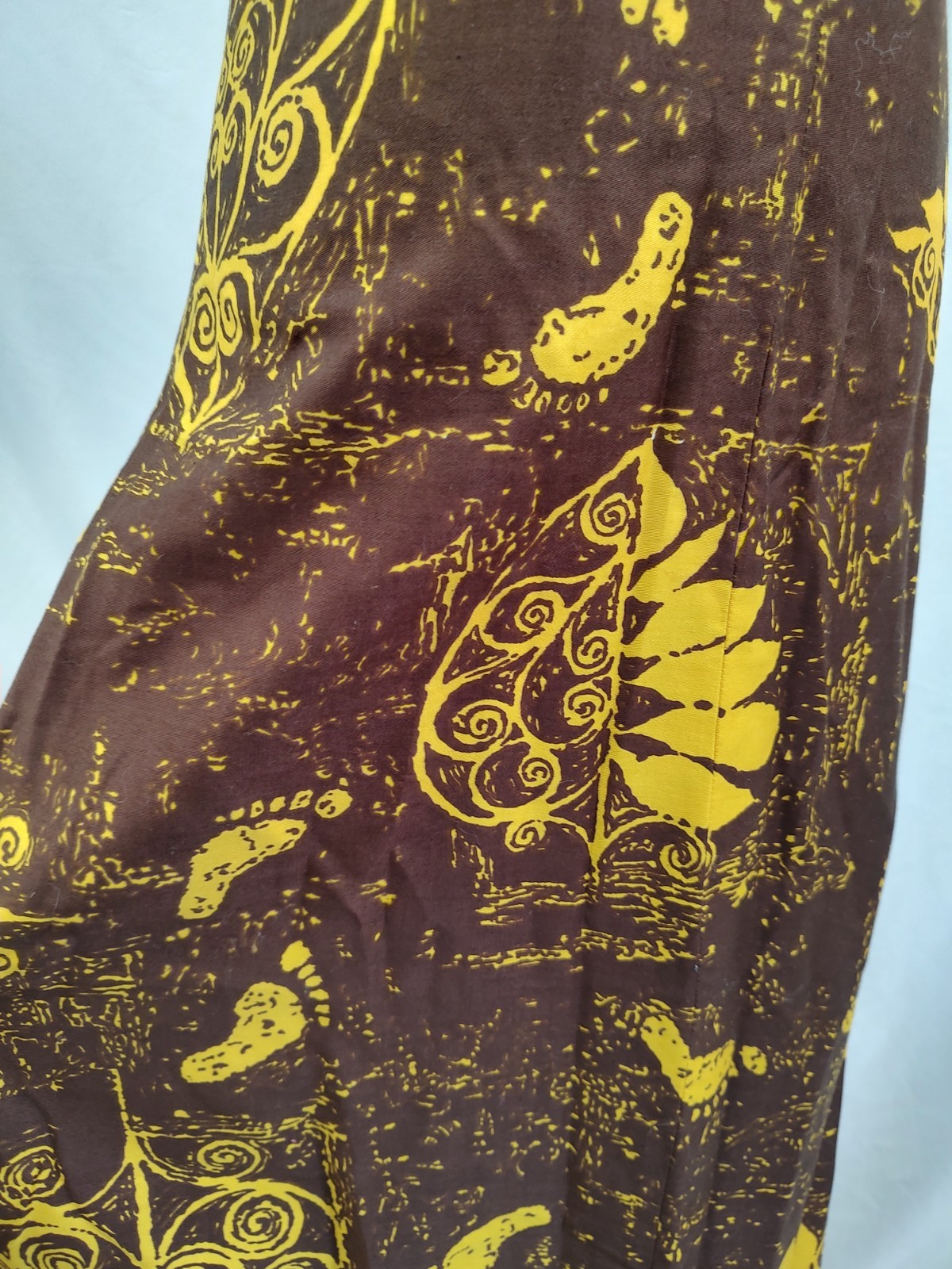 70&rsquo;s Vintage Hawaiian Dress Maxi Halter Tiki Barefoot Beach Print Brown Sz XS/S