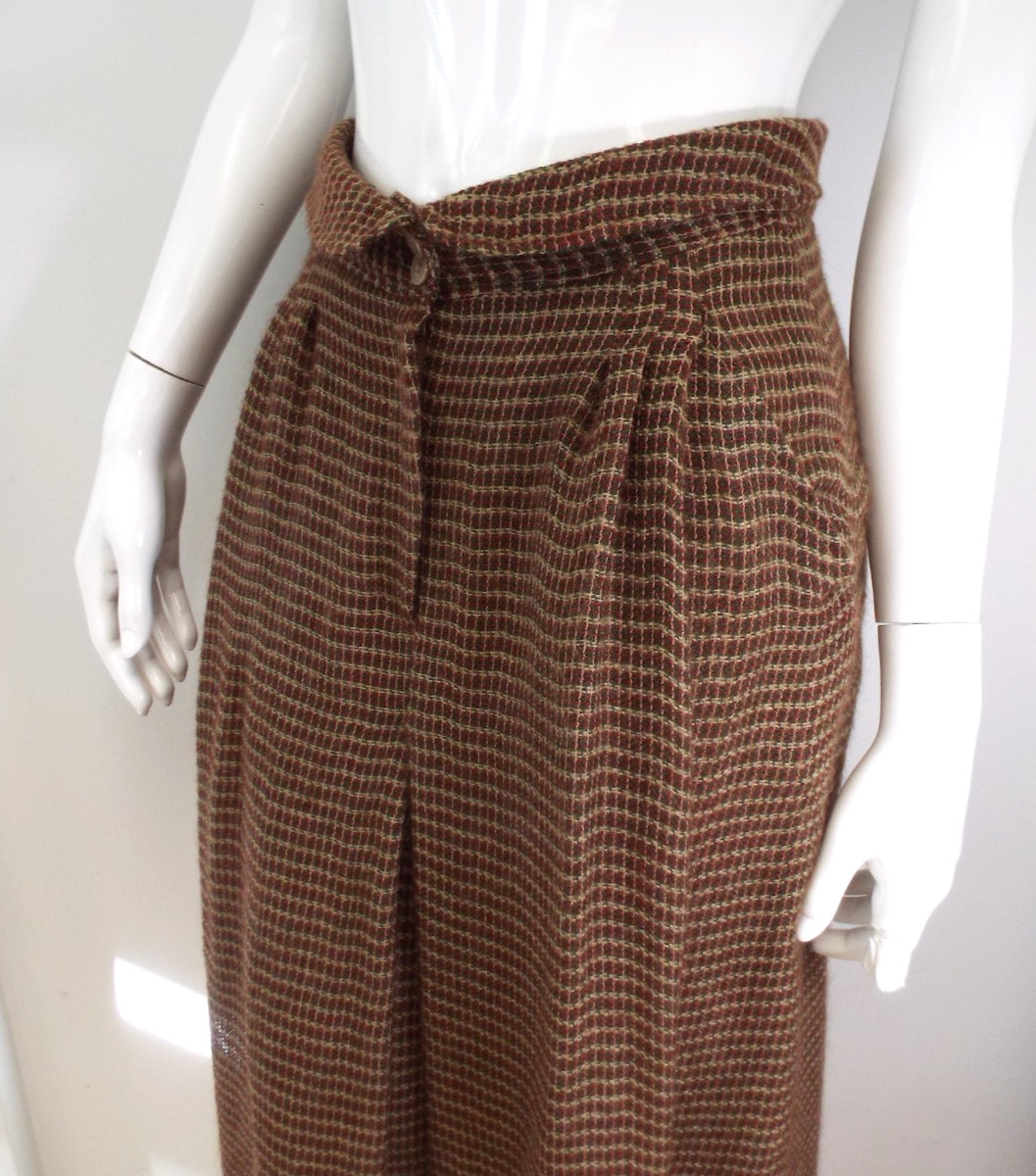 Vintage Giorgio Armani Brown Plaid Wool Blend Maxi Skirt 44 Fold Down Waist