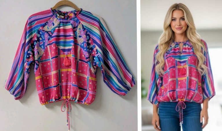Vintage 80&rsquo;s Diane Freis Georgette Hot Pink Tassels Blouse Drawstring M