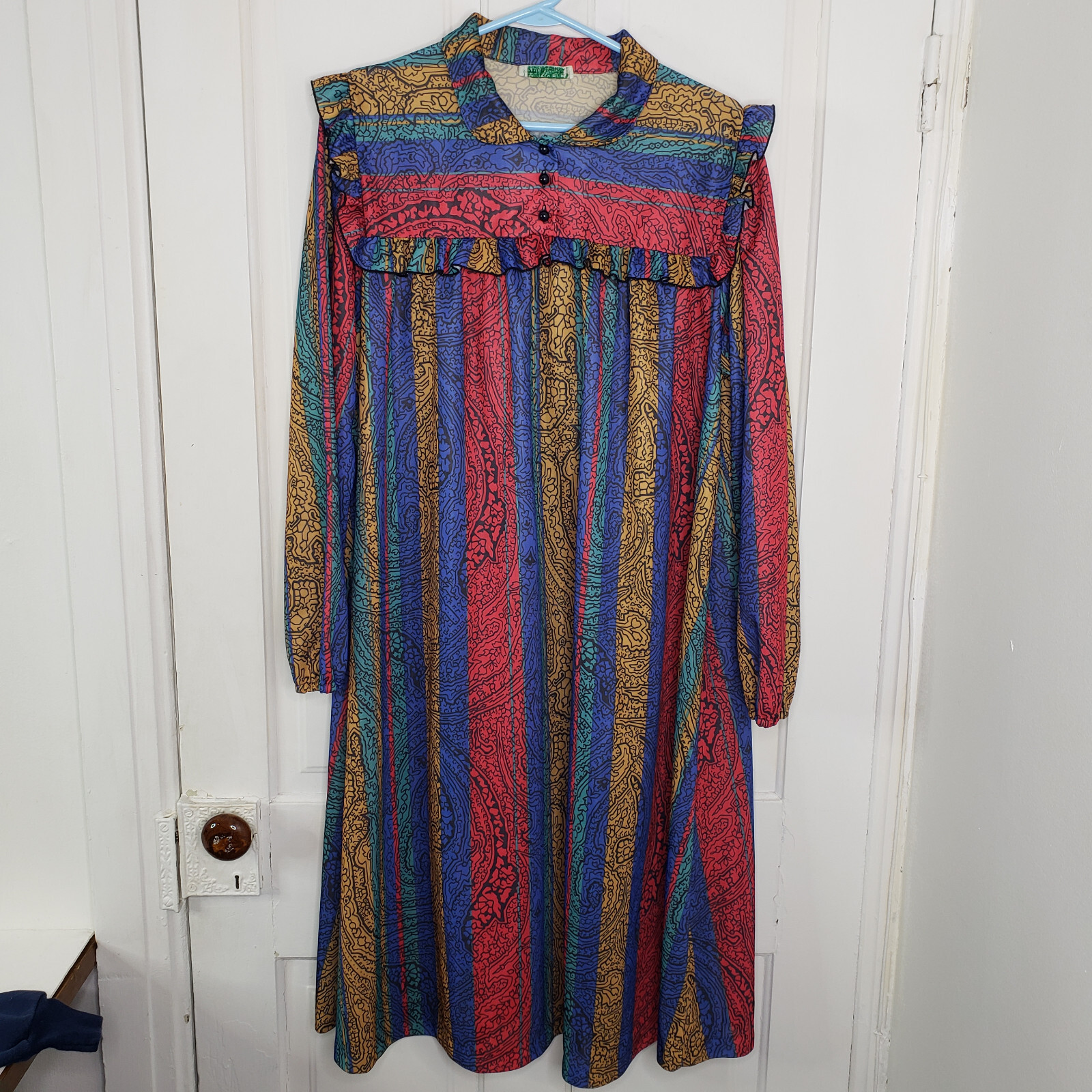 Vintage 70s Dress Womens Floral Paisley Geometric Print Hippie Shirtdress Large