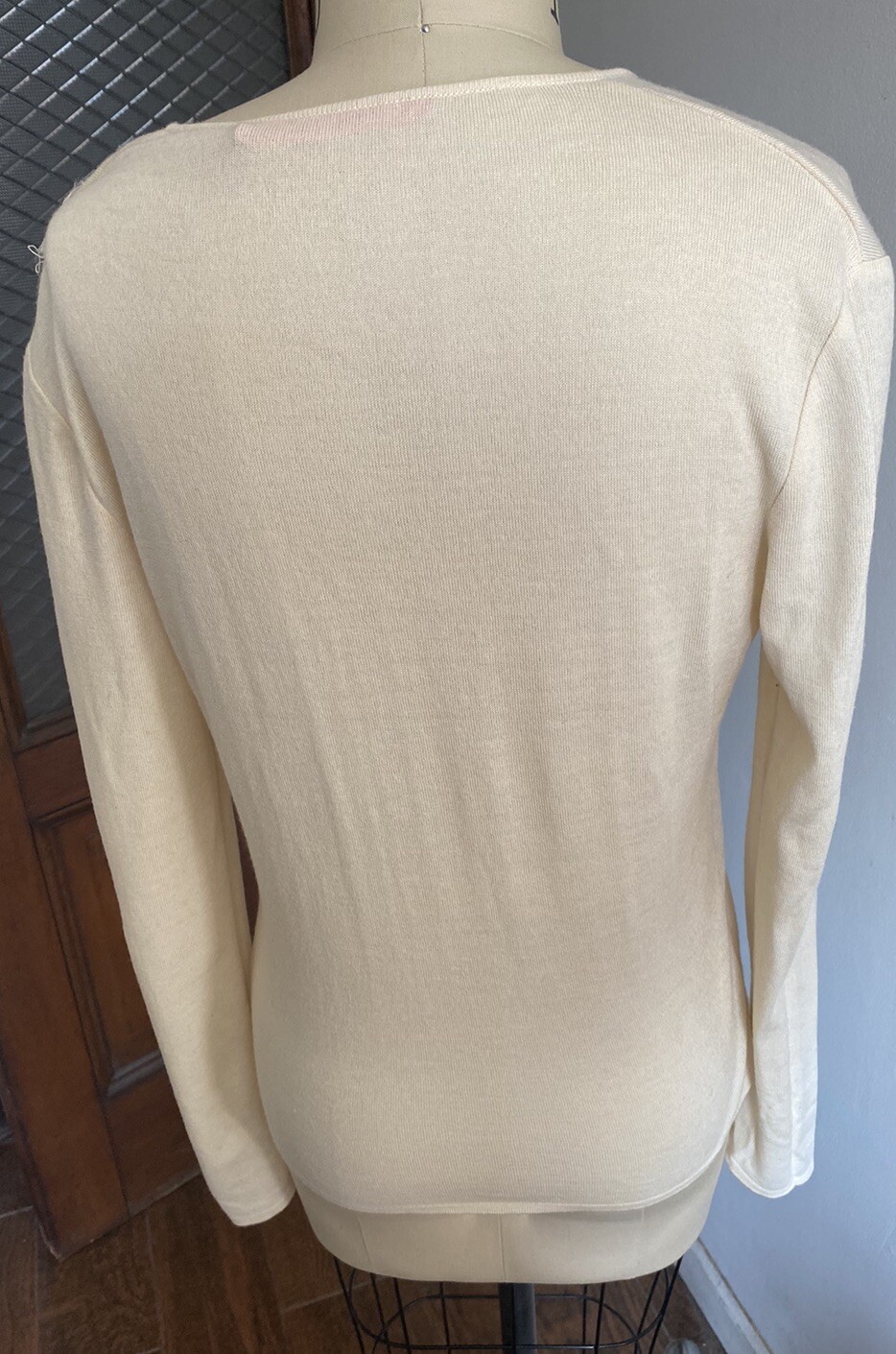 Vintage Emanuel Ungaro Paris Sweater Cream Chiffon, Gold Flower SZ L Chest 34”