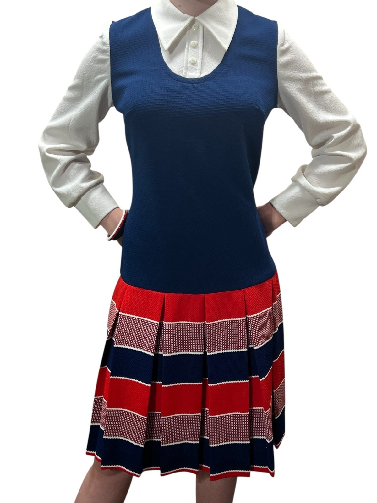 Vtg 60s Sz M~L PLEATED Dress Drop Waist SKIRT RED BLUE STRIPE Textured Knit