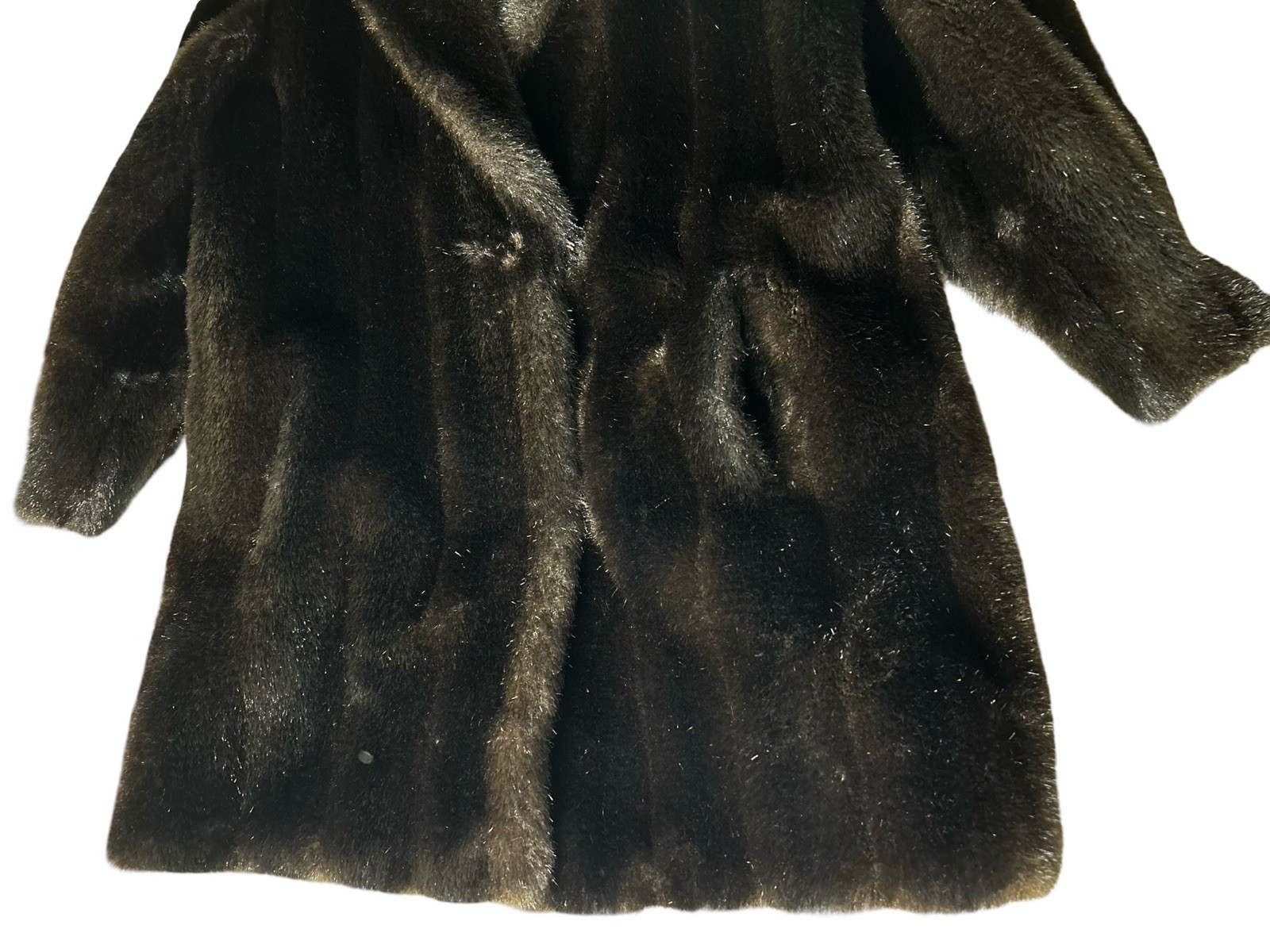 VTG Faux Fur Mid Length Coat Size READ Dark Brown Notch Collar Lined Pockets