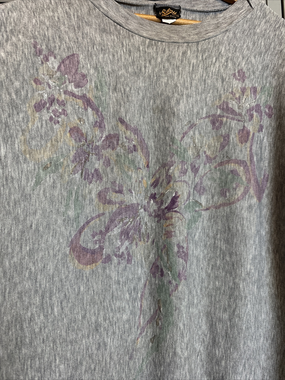 VTG 80s Pullover Lightweight Shirt Gray XL Painted Flowers T-Shirt Sweatshirt