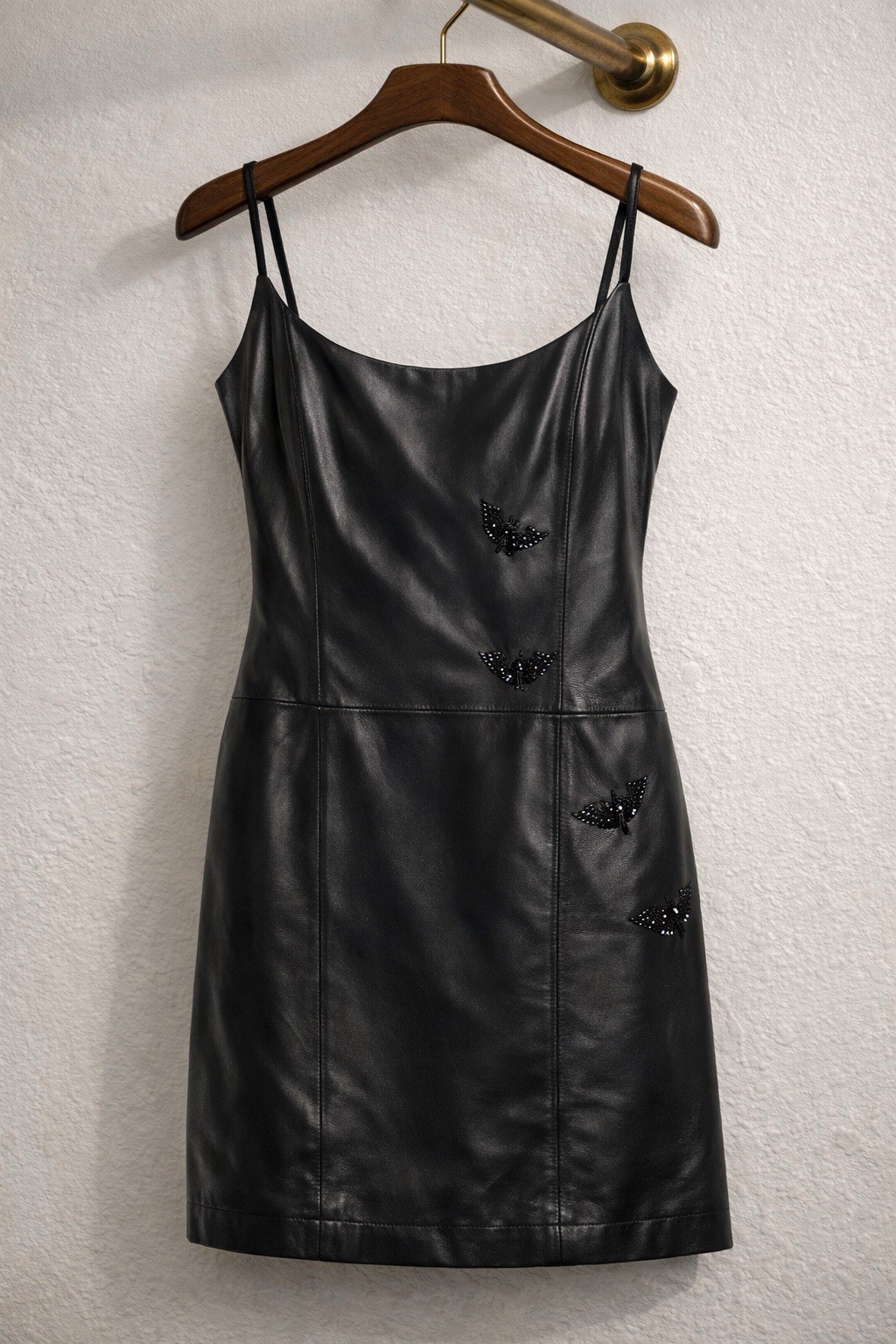 Rare Vintage Gianni Versace Black Leather Beaded Butterfly Slip Dress XS IT38