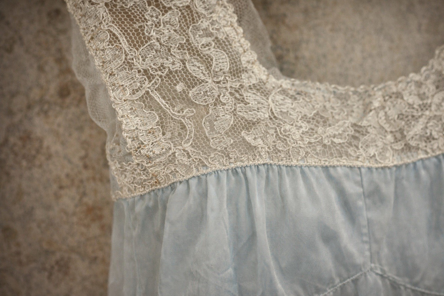 Sheer Light Blue & Lace Long Nylon Nightgown 1950s-60s Edwards Lingerie Size 32