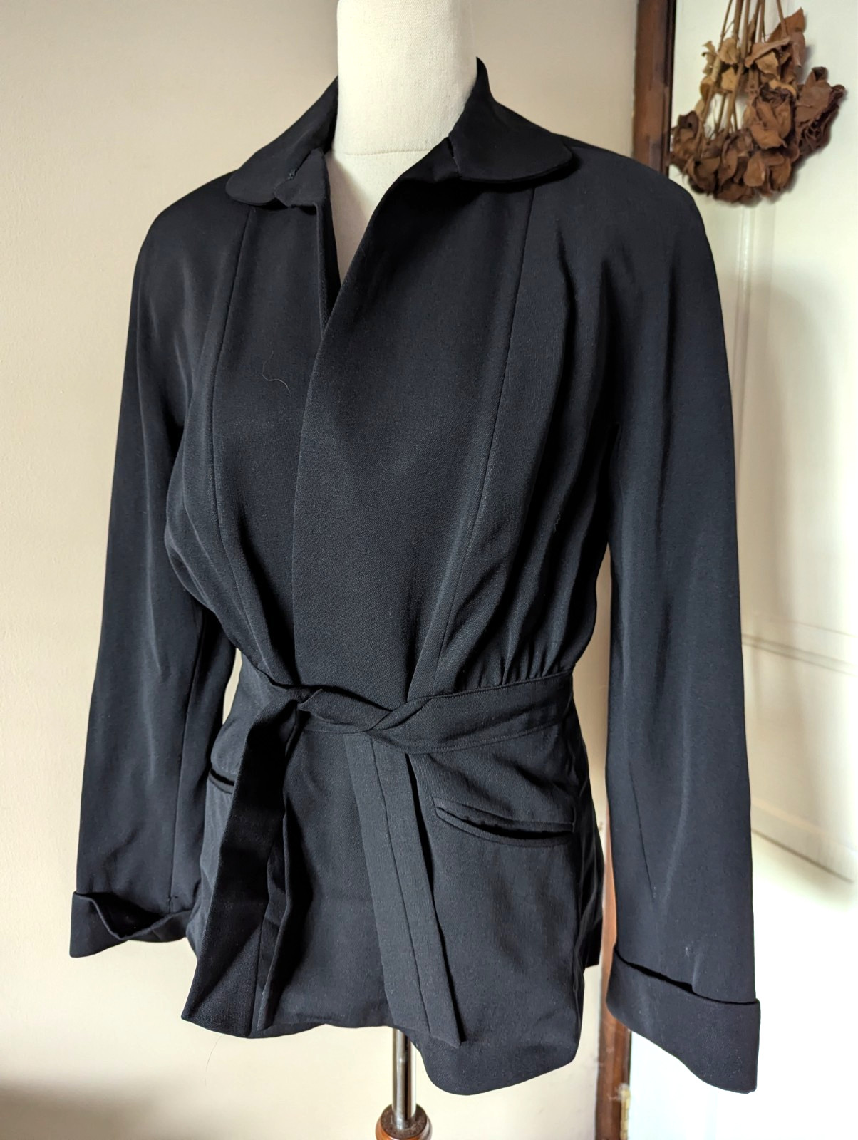 Vintage 1940s Black Gabardine Belted Tie Waist Jacket Film Noir Old Hollywood