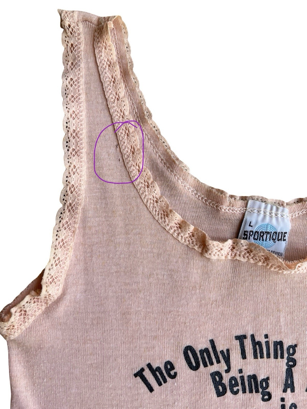 VTG 80s Rare Sportique MARINE WIFE Peach Novelty Tank Top Lace Trim Military Fun