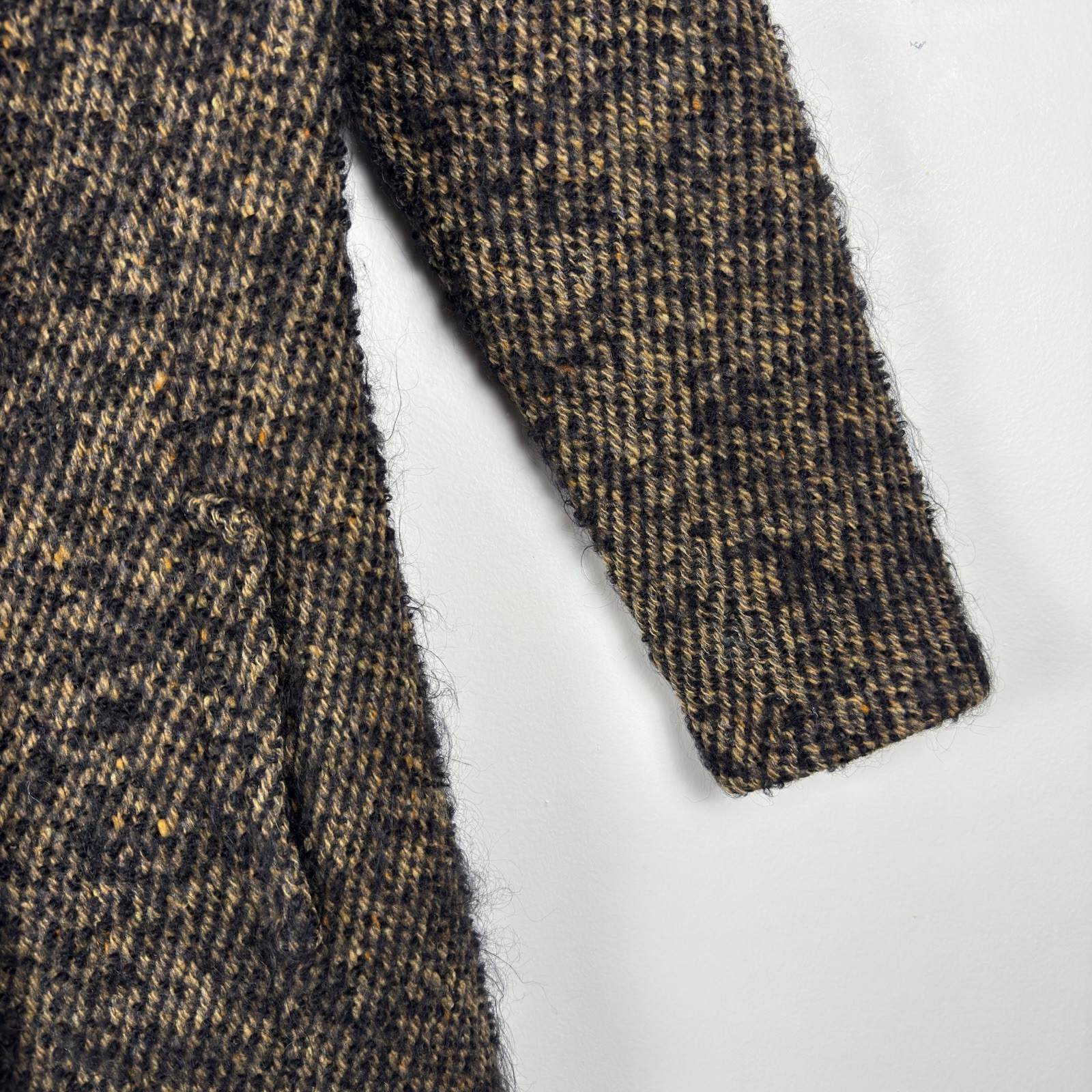 VTG 1960s Custom Made Wool Tweed Double Breasted Coat Womens Small Black Tan NYC