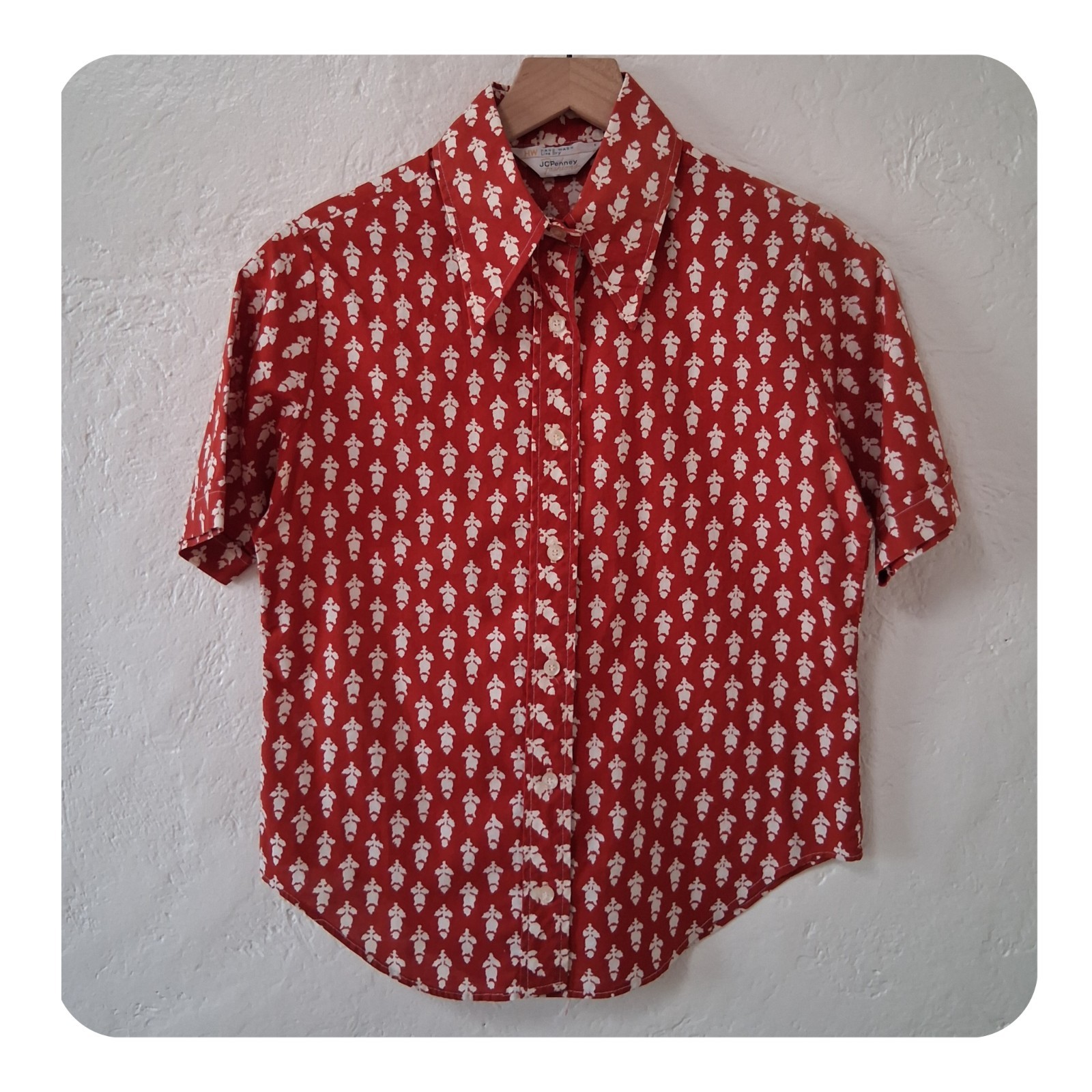VTG 1950s JCPenney Copper Bronze Button Up Blouse Camp Collar Mid Century Mod