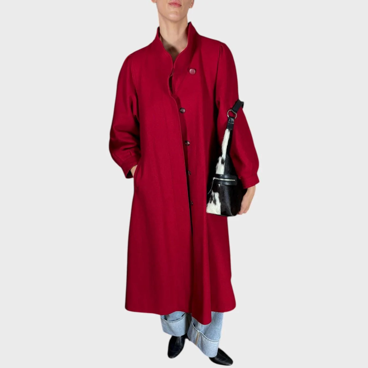 Vintage Red Wool Coat Belted Waist Elegant Longline Overcoat size US10; EU40