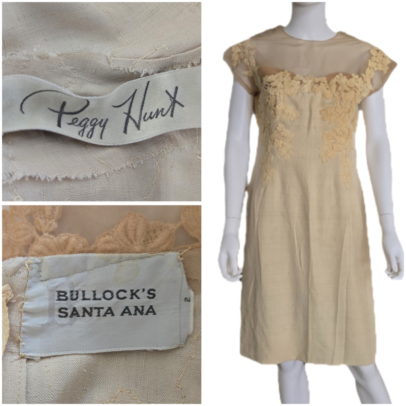 Vintage 50s 60s Peggy Hunt Dress Bullocks Raw Silk Cream Illusion Cocktail S M