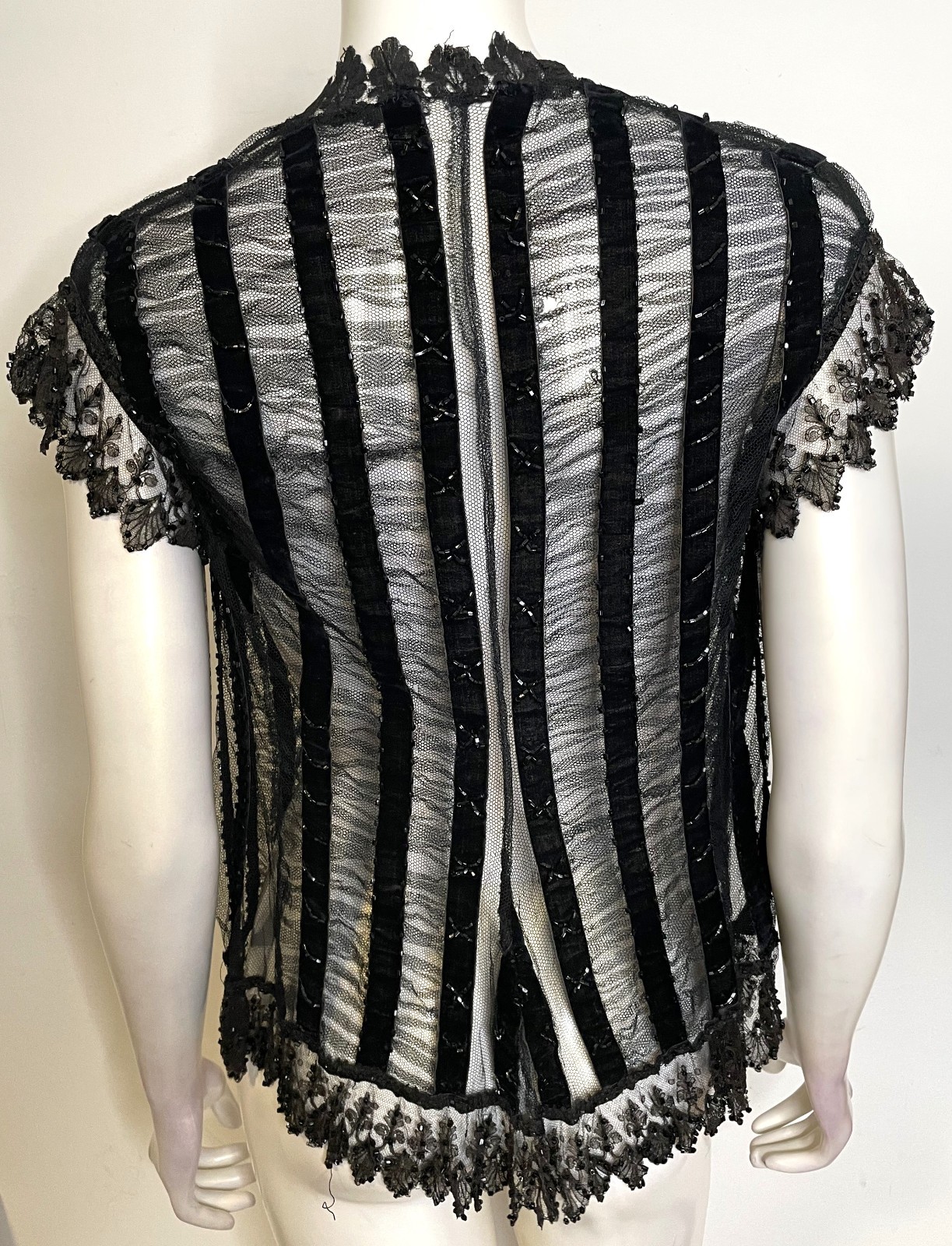 Antique 20s Black Beaded Lace Jacket S M Overlay Evening Edwardian Victorian