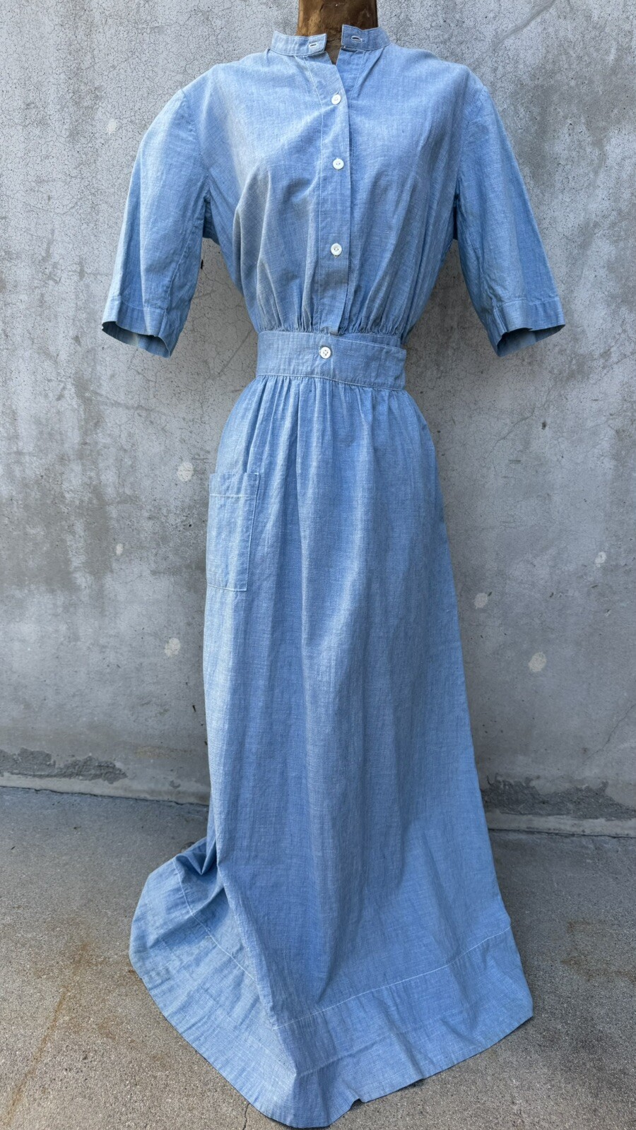 Antique Edwardian Blue Chambray Cotton Dress Workwear Prairie Maxi Vintage