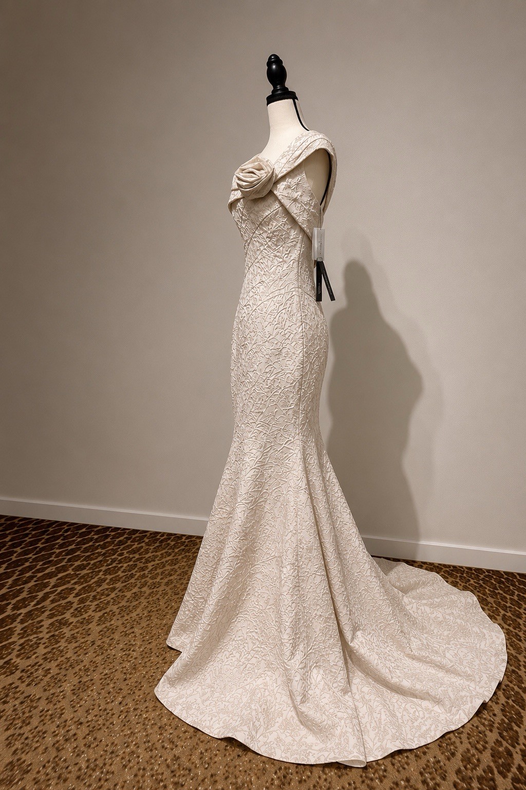 Terani Couture Ivory Off-Shoulder Cap Sleeve Textured Mermaid Train Zipper