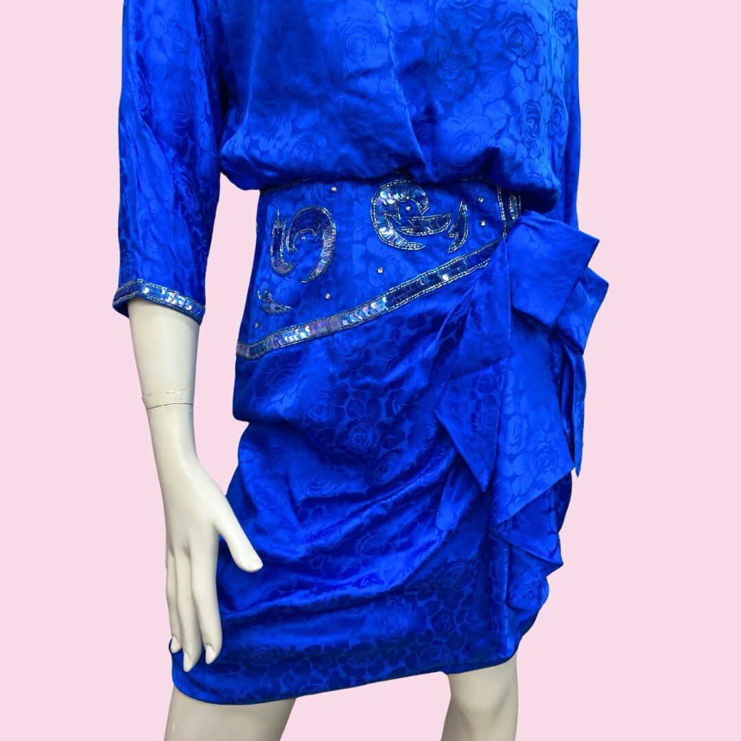 DYNASTY 1980s Cobalt Blue Rhinestone Embellished Silk Draped Dress
