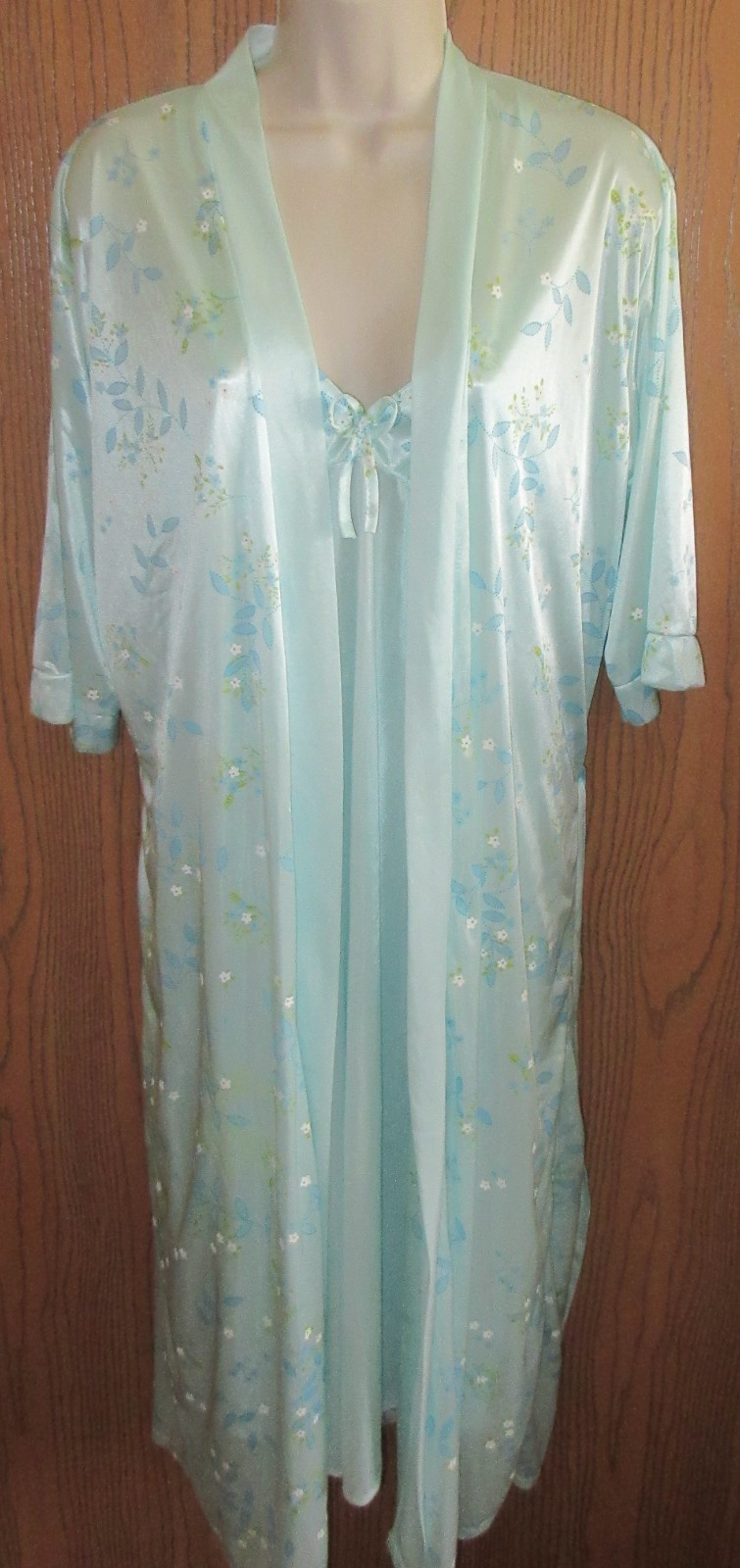 MIDNIGHT COCO BRIDAL Aqua floral GOWN ROBE silk & satin slippery lingerie sz XL