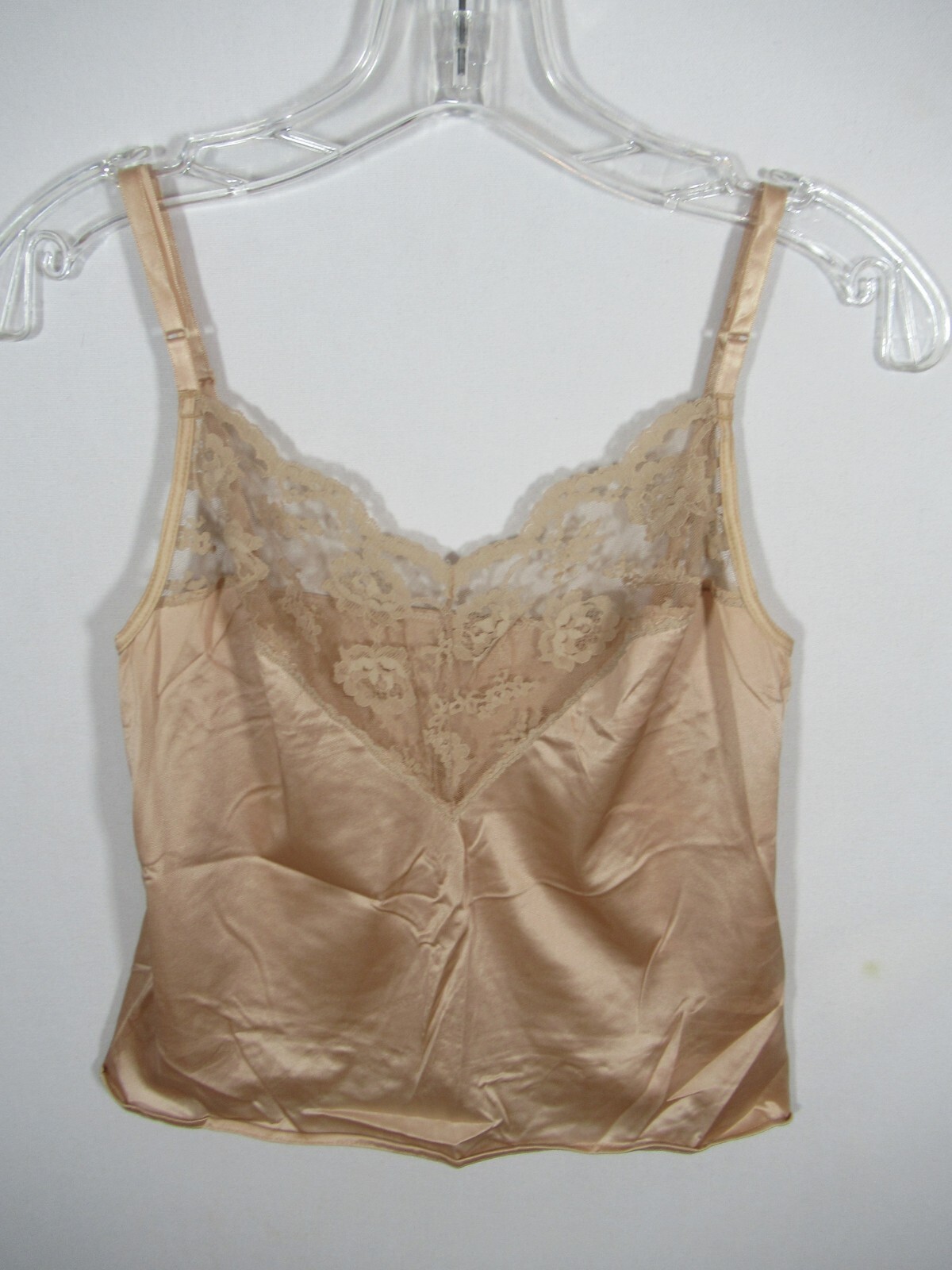 Vintage Henson Kickernick Satin Camisole Size 34 Beige Nylon Lace Made in USA