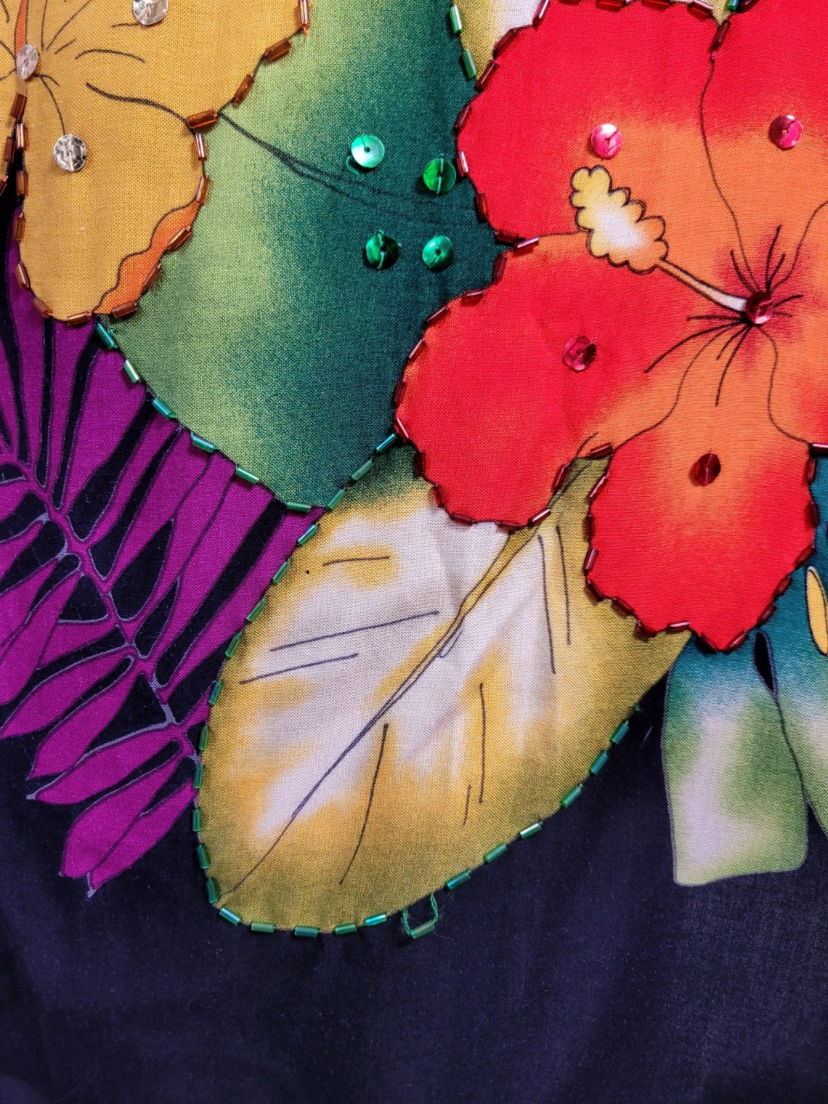 Vintage 80s 90s Black Floral Bright Hawaii Midi Dress Tie Back Shift M/L Beaded