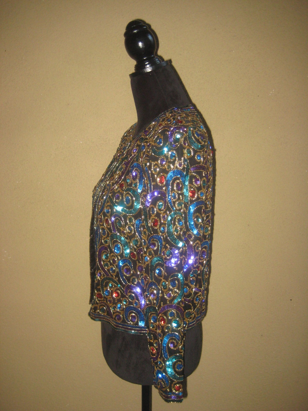 Vintage Scala black silk sequins beads multicolor cropped evening jacket S