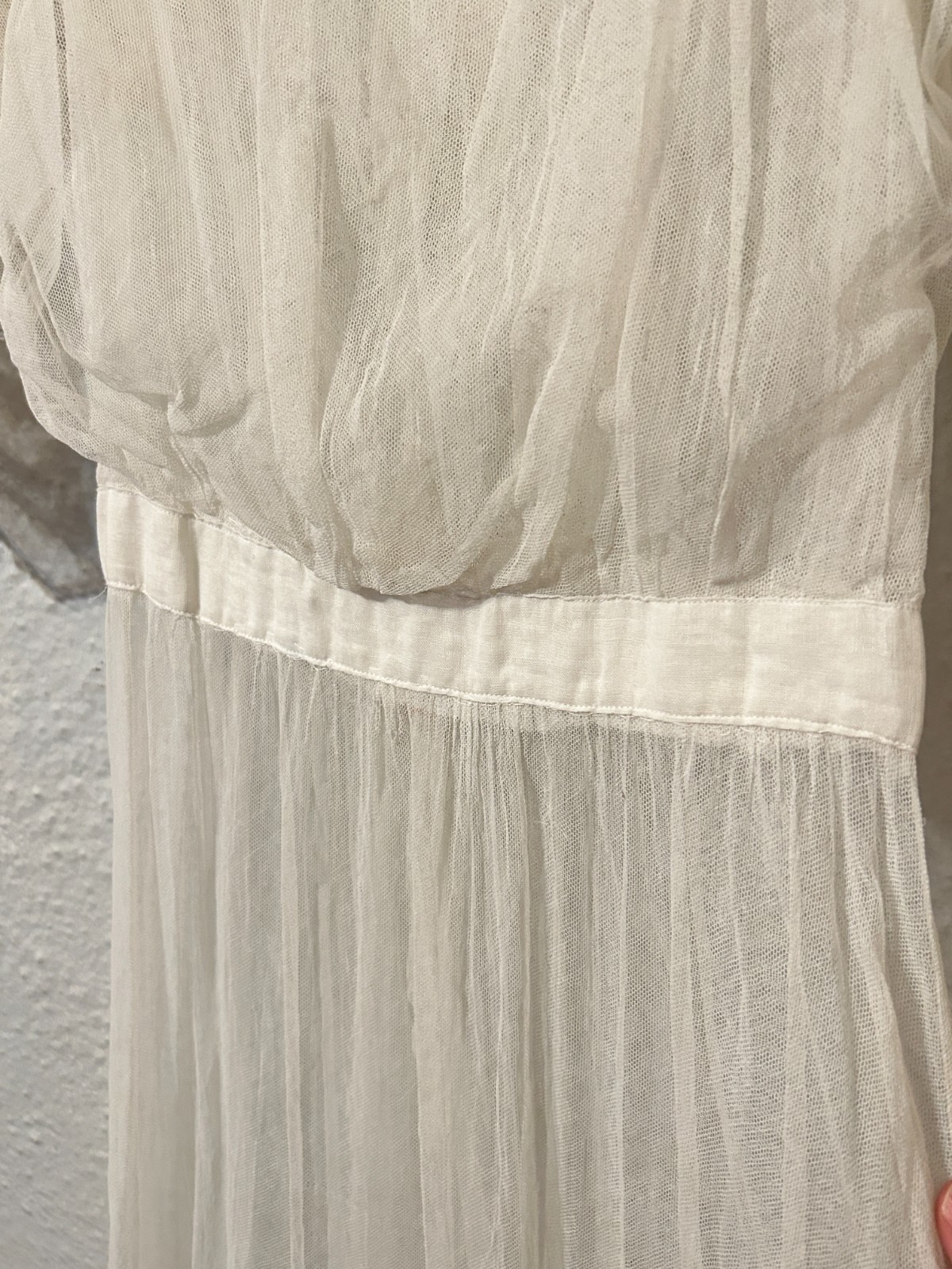READ Edwardian Antique XXS Net Lace Gown Tea Lawn Dress Tiered Skirt Wedding