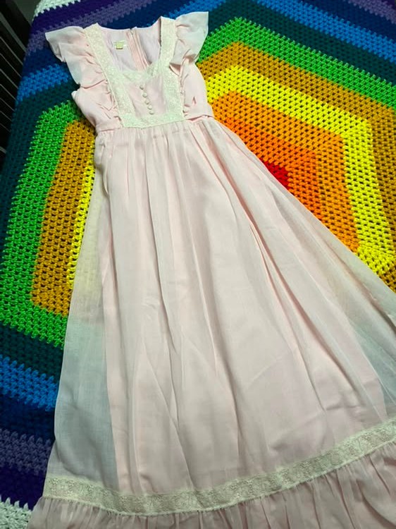 70&rsquo;s Vintage Candi Jones California Pink Princess Ivory Lace Prairie Maxi Dress
