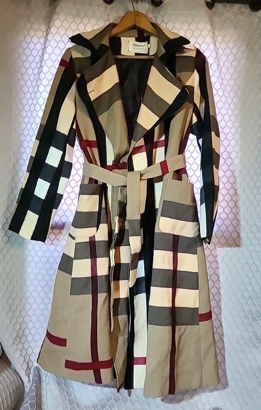 Vintage Allaiyou Classic Plaid Trench Overcoat Women L Belted London Look Rayon
