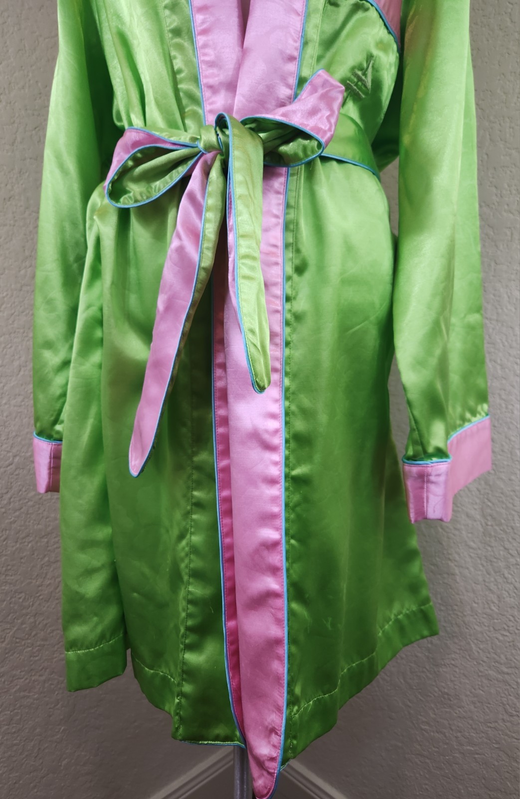 Fernando Sanchez Polyester/Cotton Short Robe Lounger Size S Green Pink