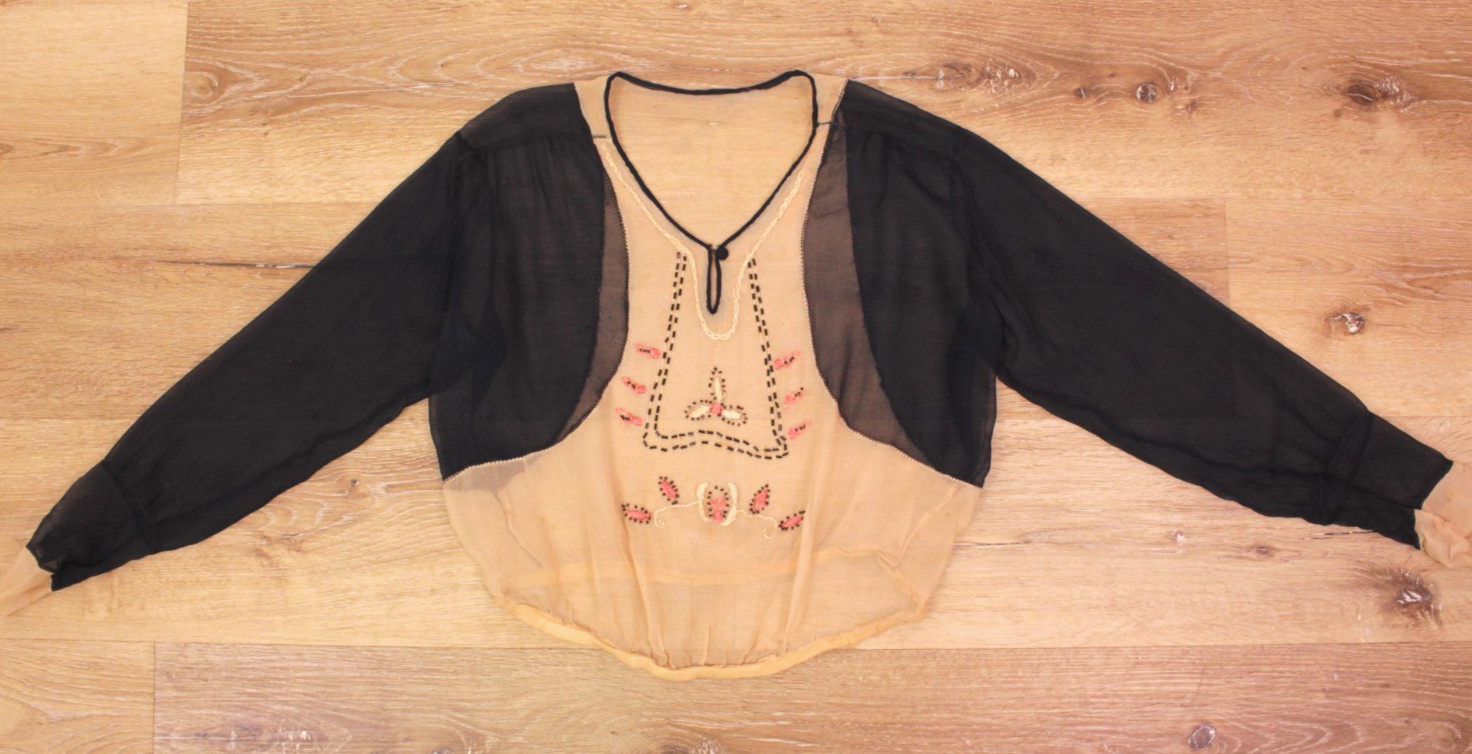 VTG Women&rsquo;s 20s Navy & Cream Sheer Embroidered & Beaded Blouse / Top S/M 1920s