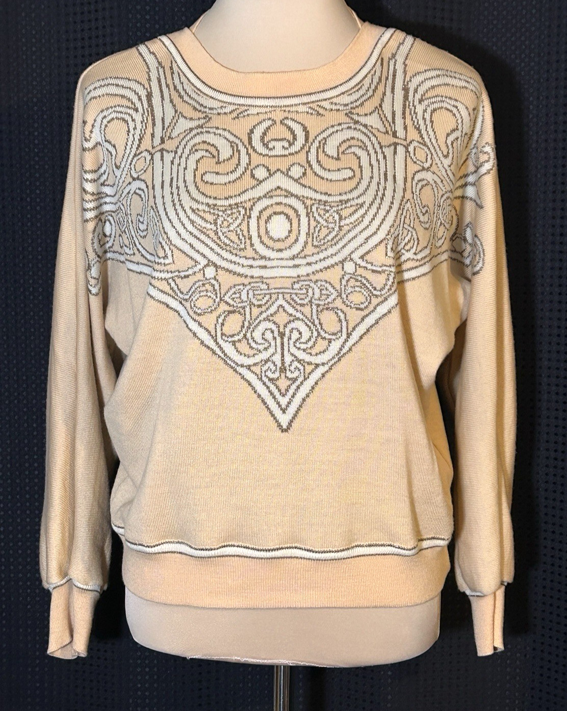 Vintage Escada Laurel Light Peach Geometric Metallic Thread Sweater Womens M