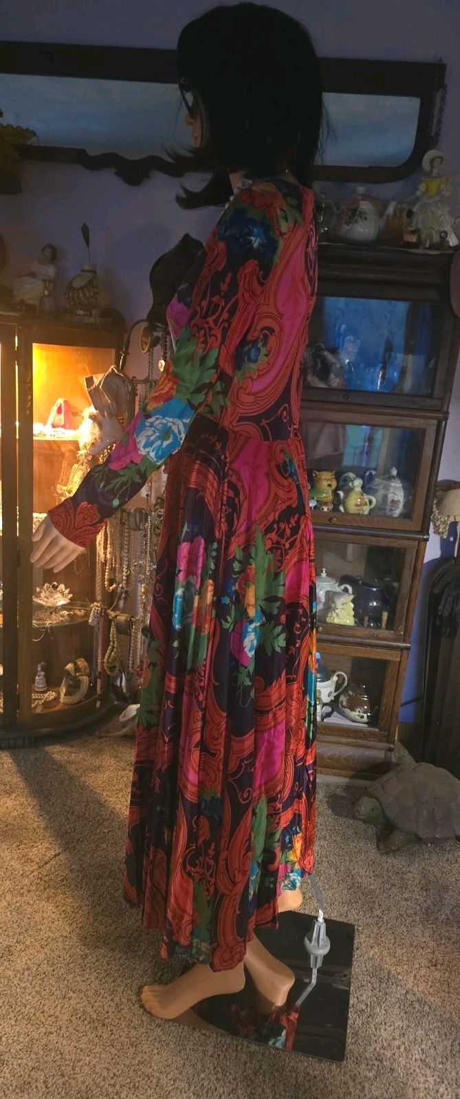 Vintage 70s Floral Psychedelic Maxi Dress Long Sleeve Boho Hippie Gown