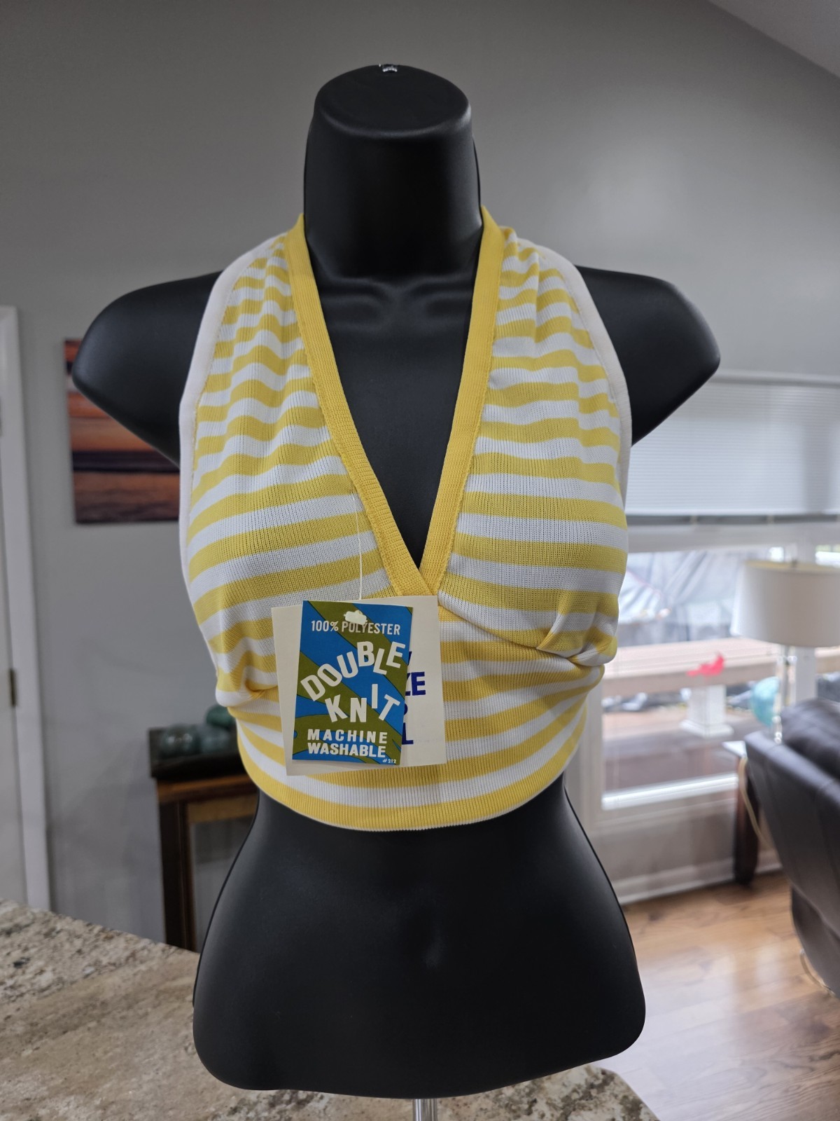 NOS Vtg 1970s Halter Top Double Knit Deadstock One Size Fits All Yellow / White