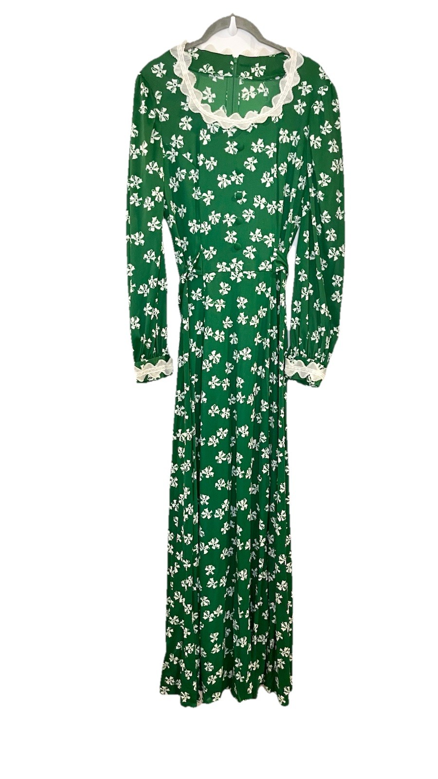 VTG 60s 70s Bow Print Green Maxi Dress Modest Lace Trim Tie Back Hostess *FLAW*