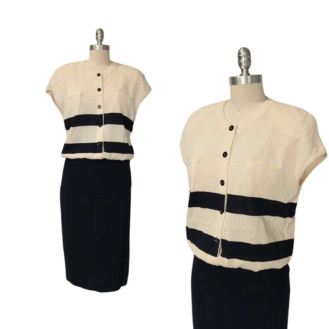 Louis Feraud Vintage Skirt Suit Size 8 Knit Cream Navy Blue Sweater Set Germany