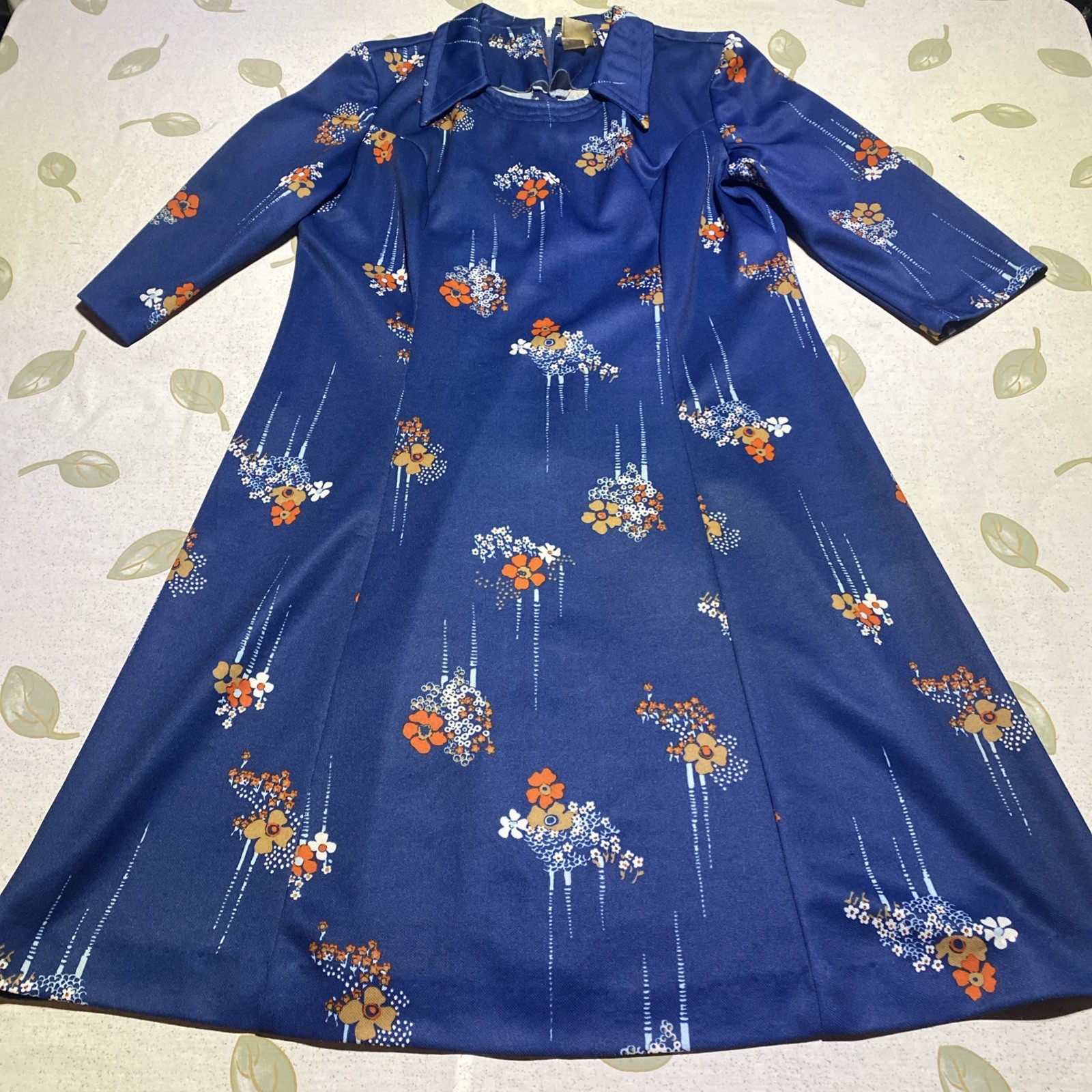 Vintage Three R&rsquo;s 70s Dress Navy Blue Floral Maxi Sz 20.5. A