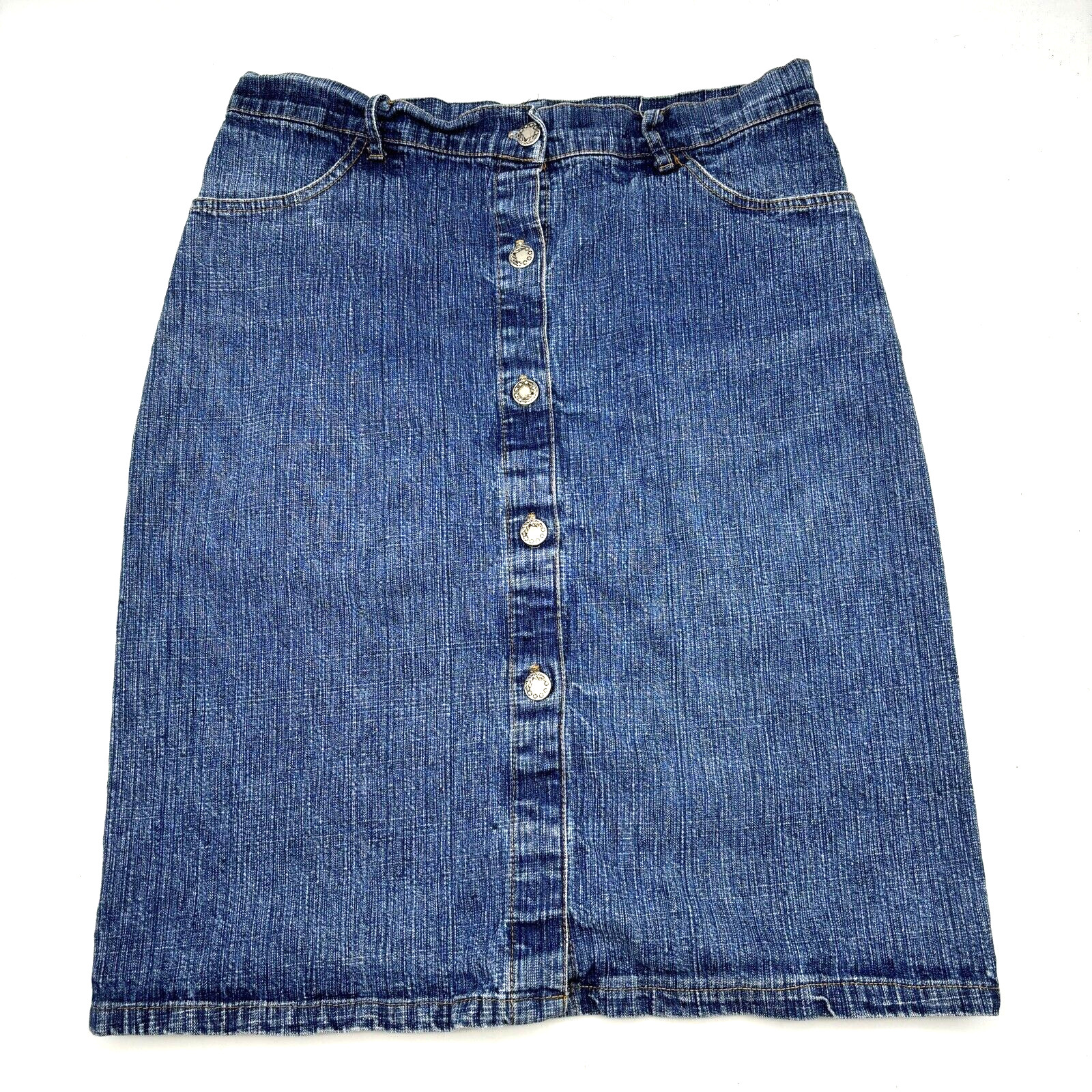 Vintage 90s P&S USA Medium Wash Button Down Denim Pencil Skirt 30×21.5&Prime;