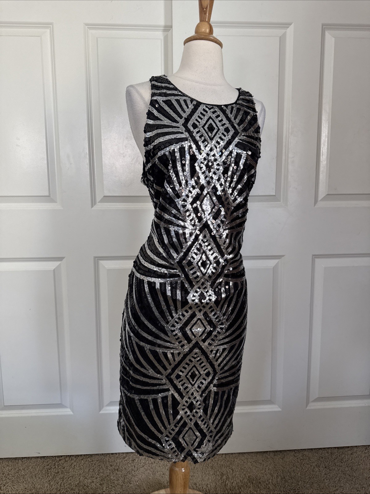 Vintage Bisou Bisou Black Silver Sequin Y2k Dress Mesh Sz 12 00s Midi Party