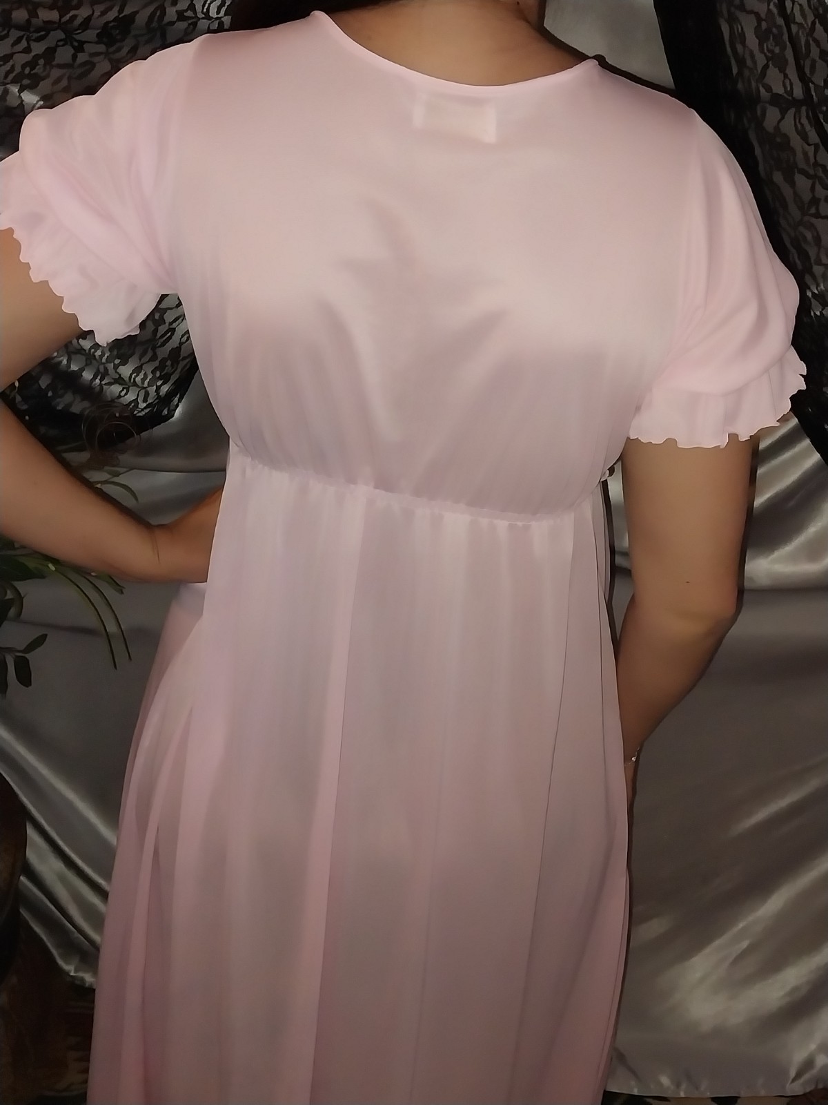 VTG Silky Nylon Pink Sissy Layer Ruffles Sleep nightie robe LONG 50S P/S 36&Prime; NEW