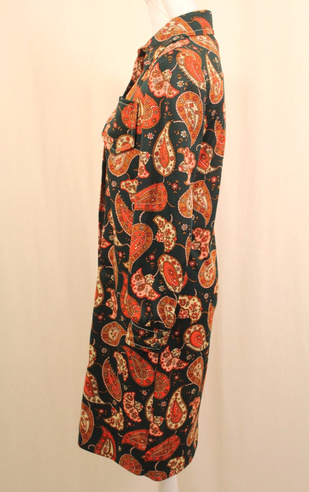 VTG Women&rsquo;s 60s 70s Forest Green & Orange Paisley Shirt Dress S/M 1960s 1970s