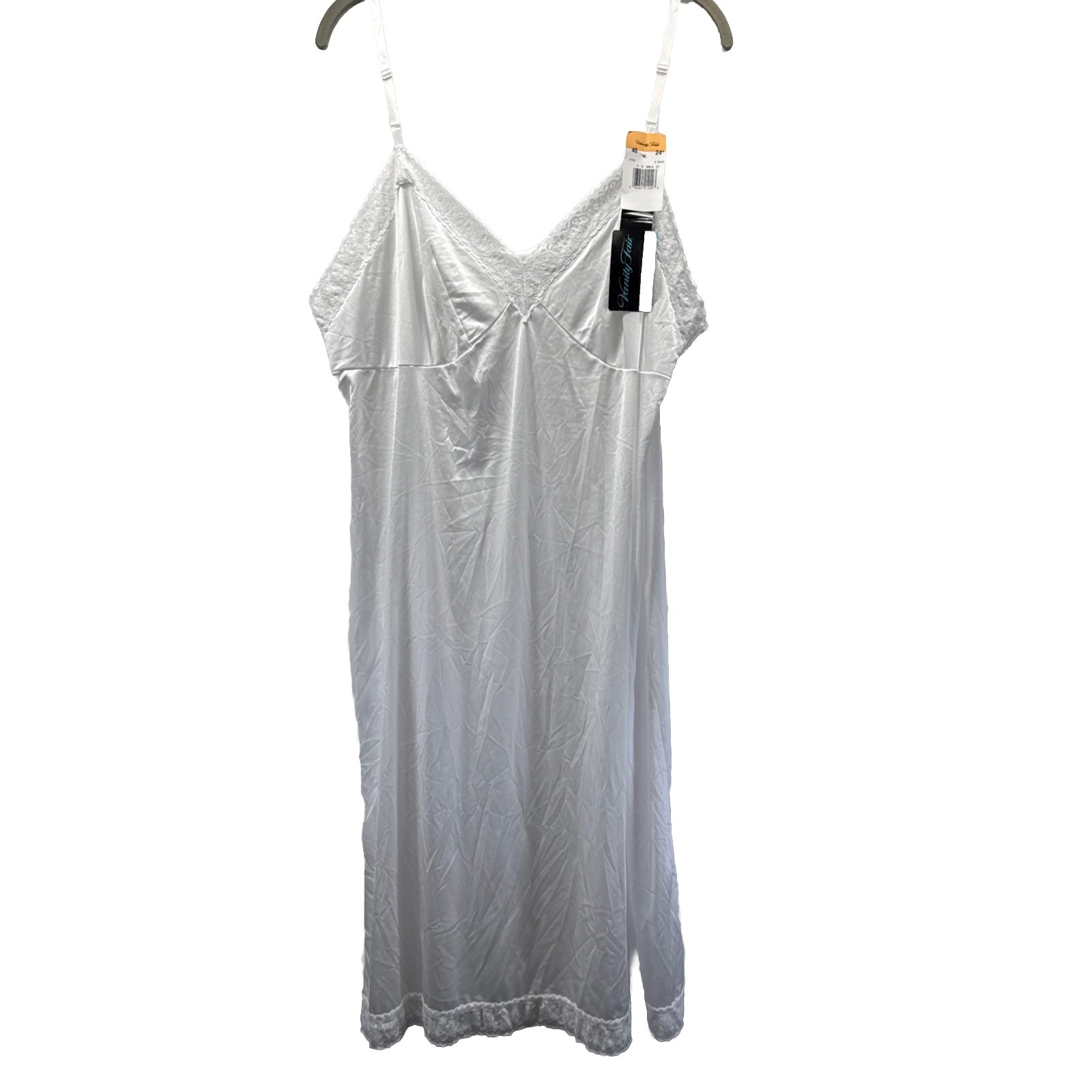 New Vintage Vanity Fair Womens White Lace Slip Size 40 24&Prime; Slip Dress Adj Straps