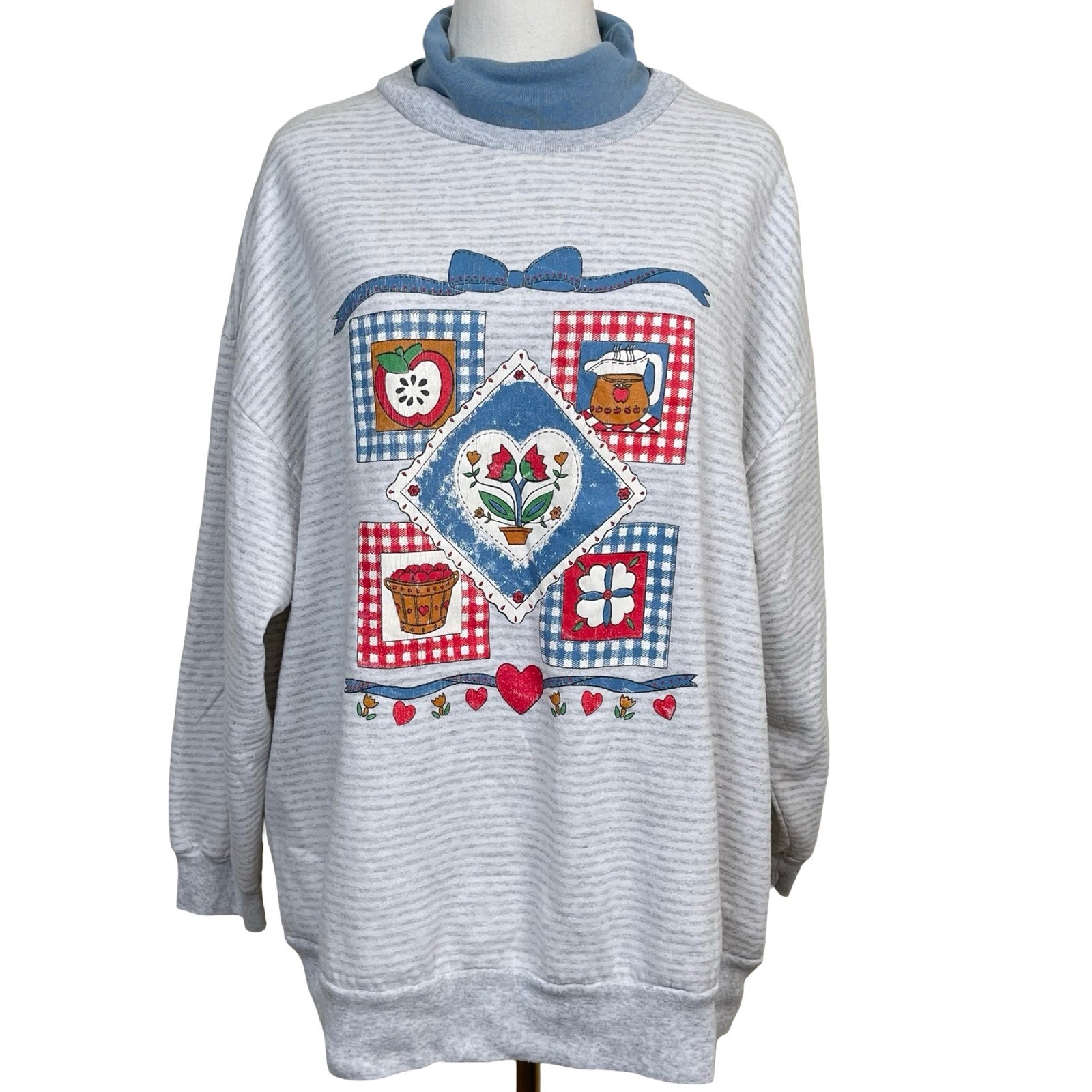 Vintage Separate Issue Sweatshirt XL Gray Cottagecore Mock Neck Hearts 80s