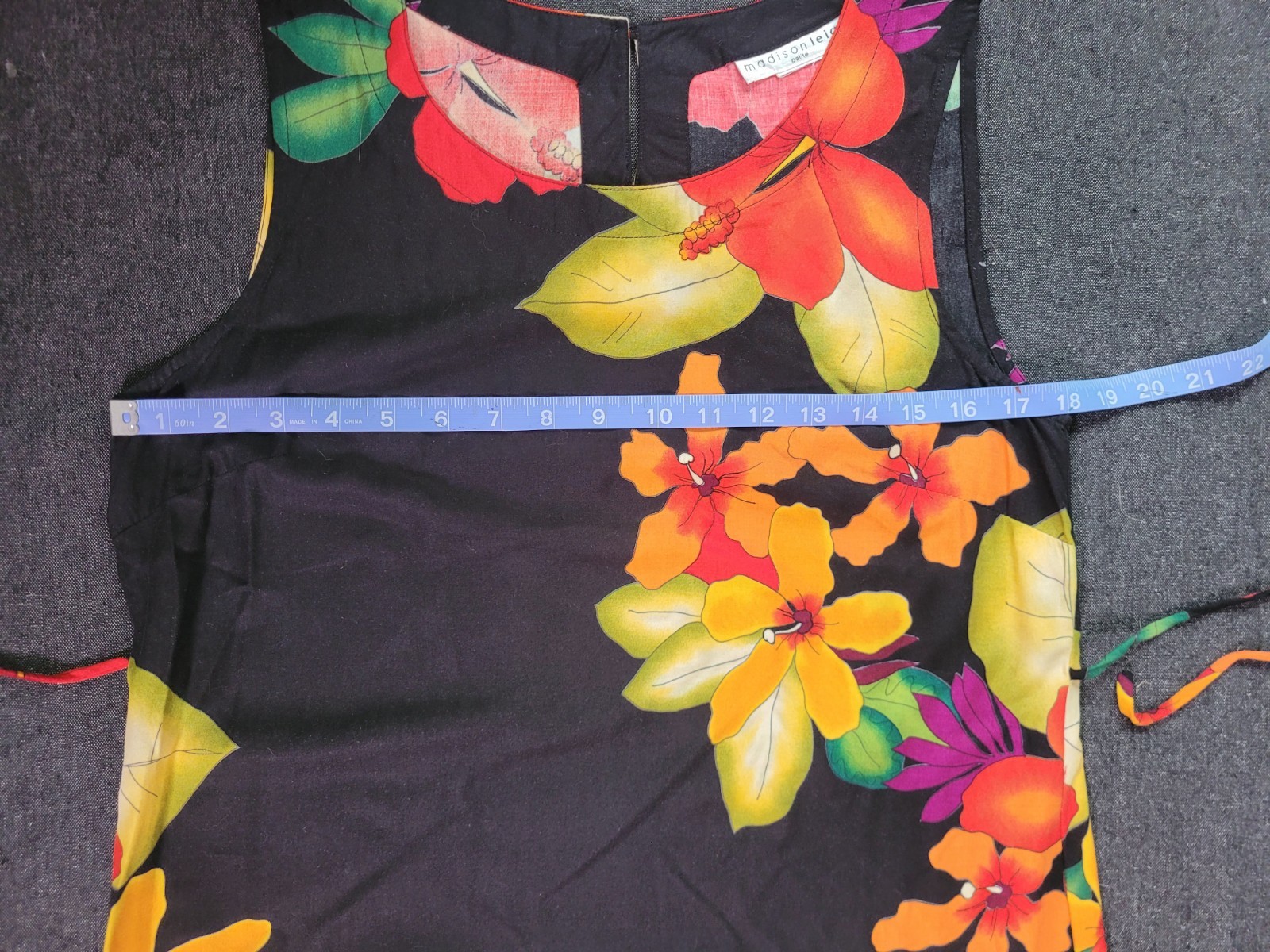 Vintage 80s 90s Black Floral Bright Hawaii Midi Dress Tie Back Shift M/L Beaded