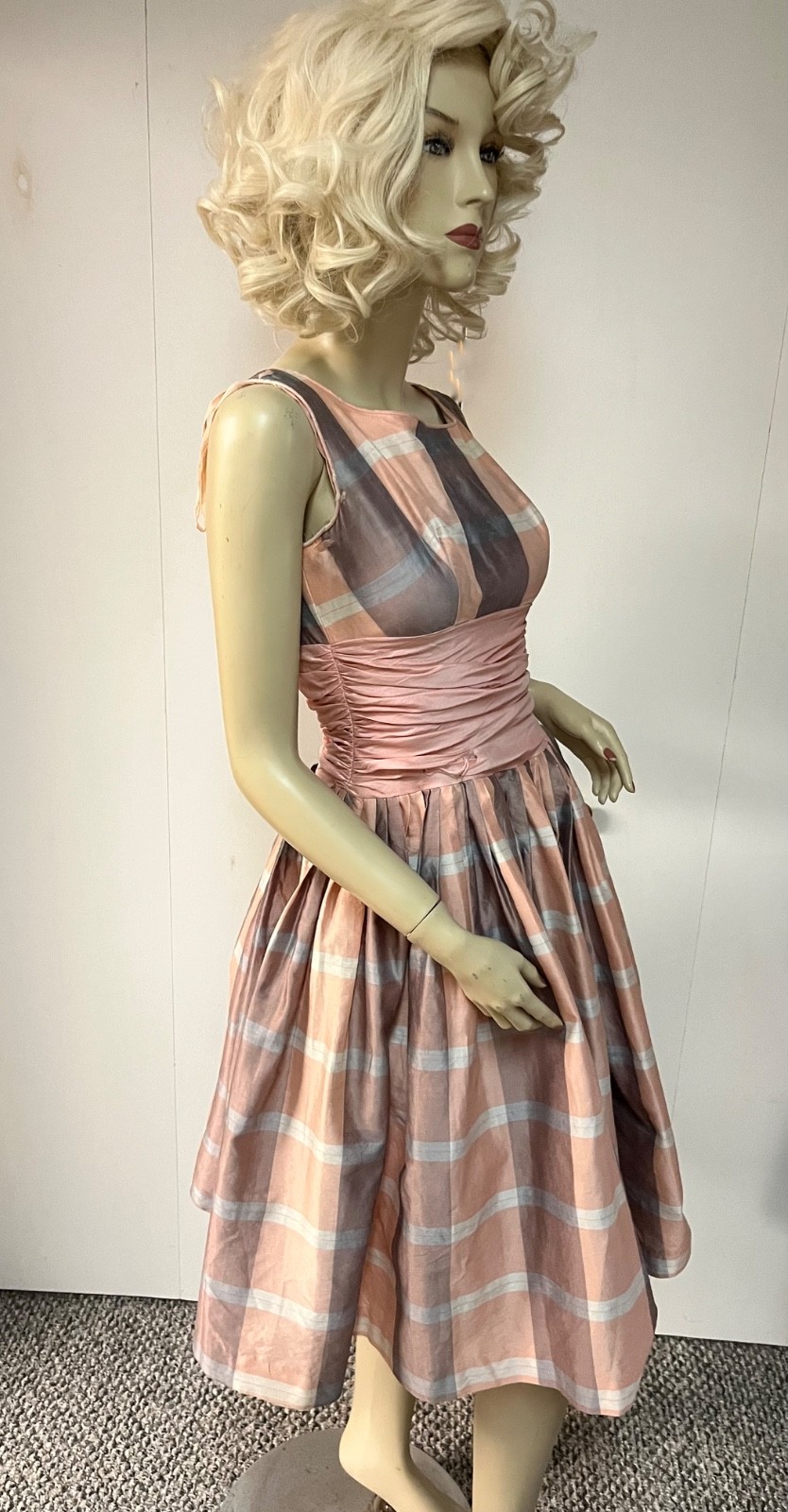 Vintage 1950 Plaid Back Zipper Cummerbund Crinoline Cocktail Party Dress Bust 33