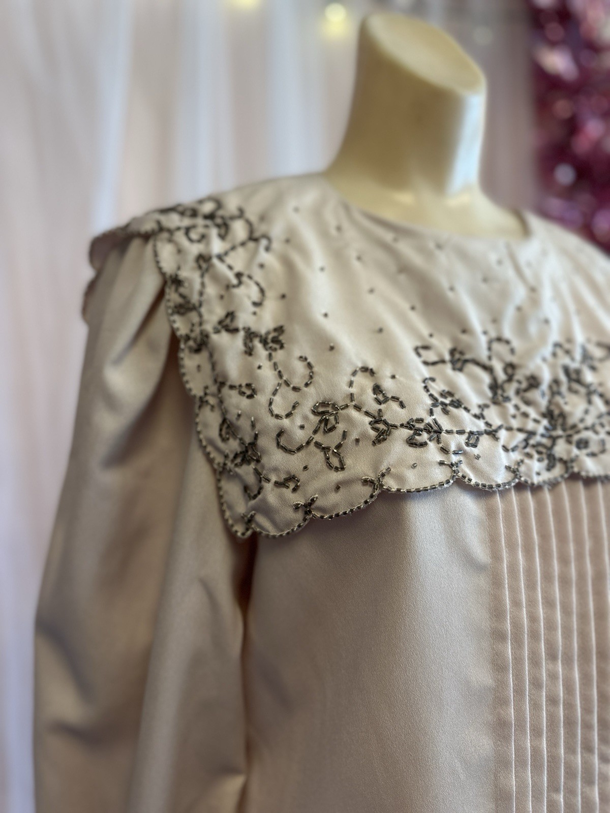 Vintage 80s Beaded Top Blouse Oversized Collar Prairie Edwardian Oversized S/M