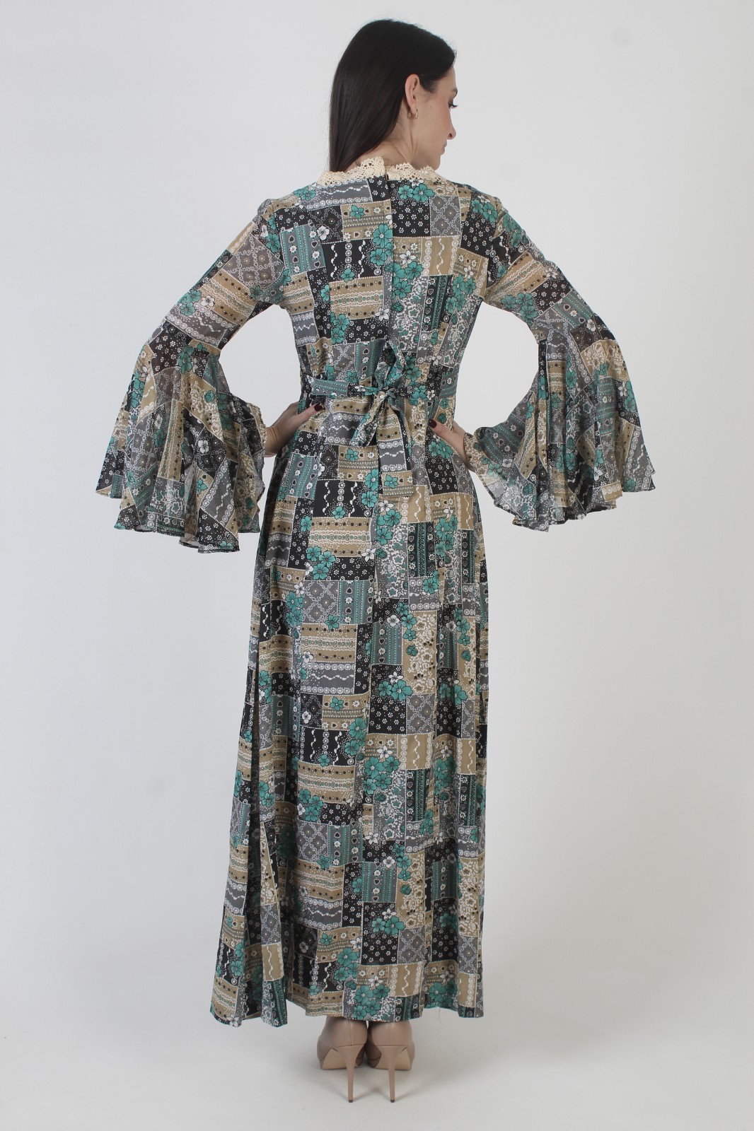 Vtg 70s Patchwork Dress Kimono Angel Sleeves Boho Wedding Prairie Cottage Maxi