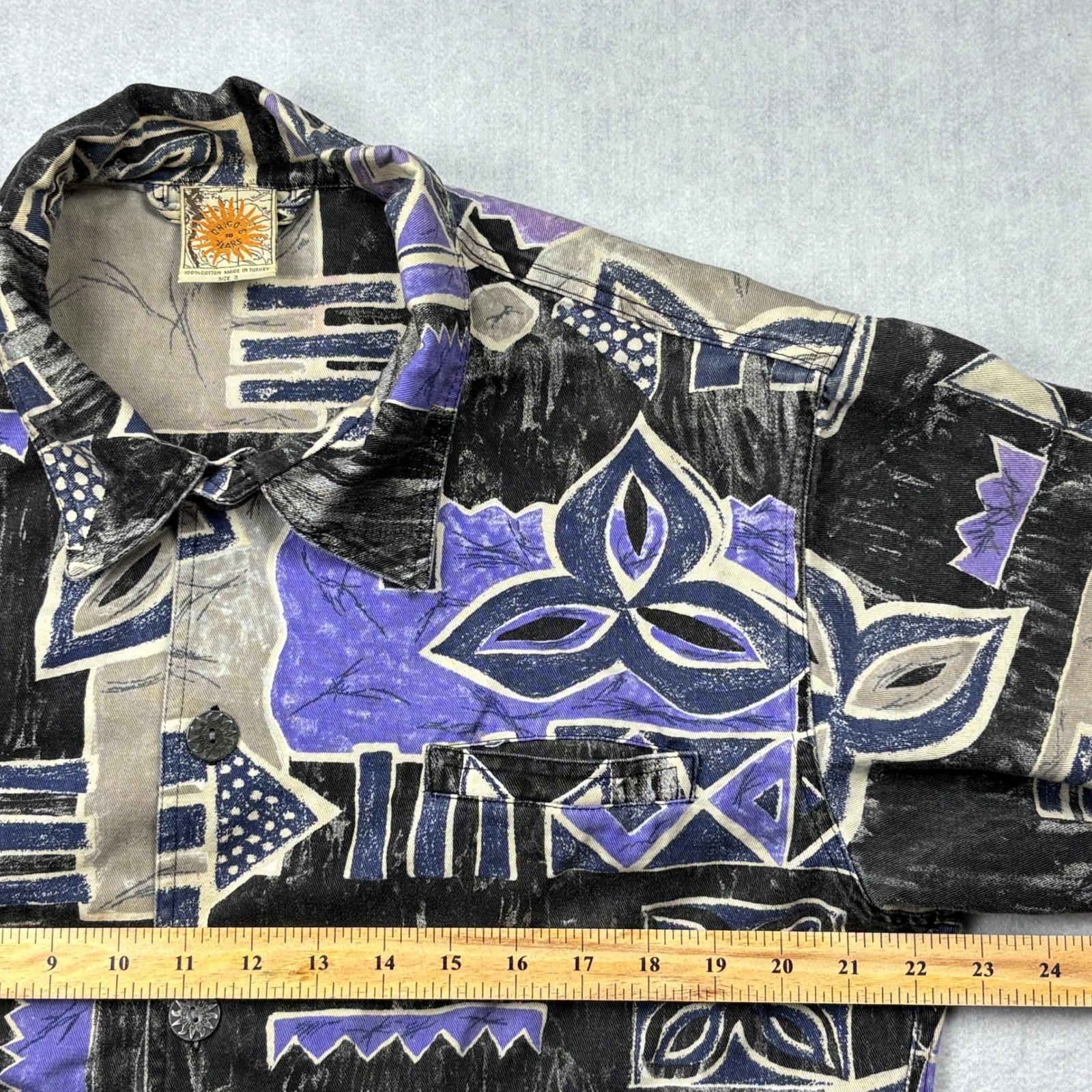 Vintage 90s Chicos Jacket Size 3 Purple Ikat Cotton Canvas Chore Large XL