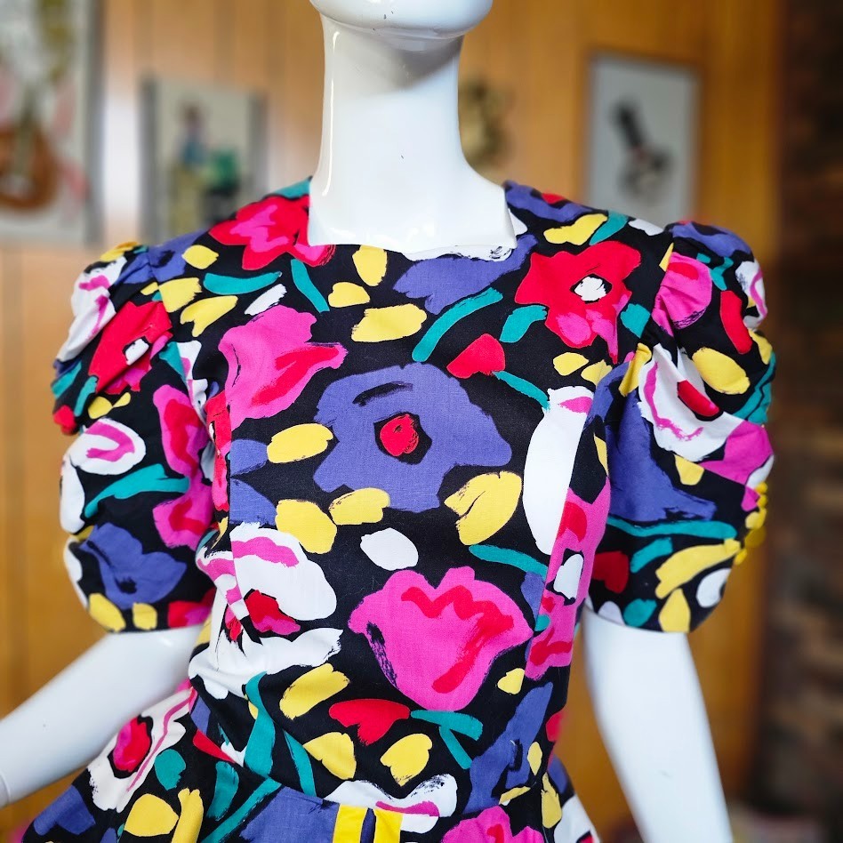 Vintage 80s Abstract Floral Postmodern Dynasty Cocktail Party Wiggle Dress S/M