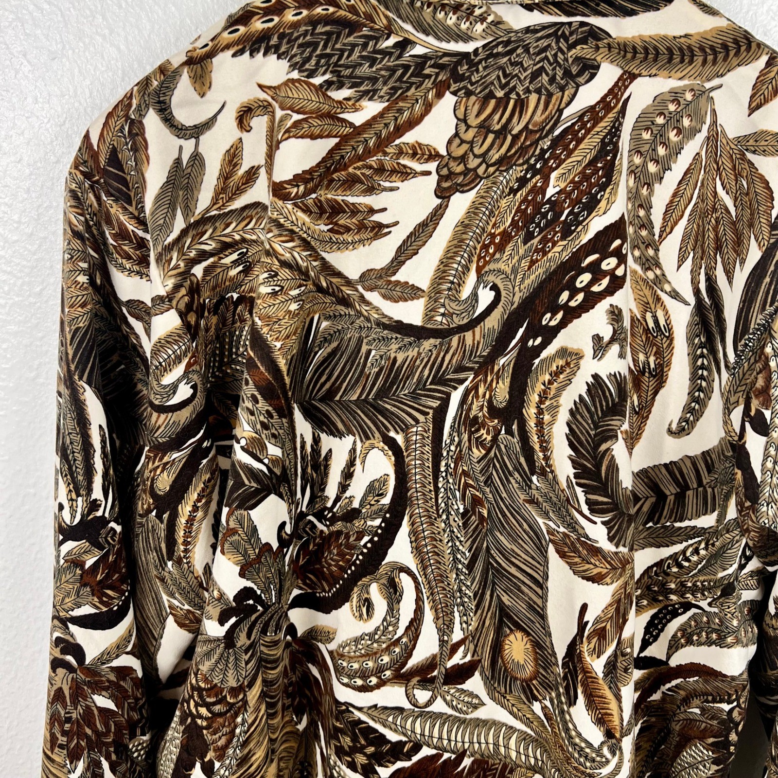 Vintage Feather Pattern Zip Up Jacket Womens Medium Oversized Artsy Indie Nature